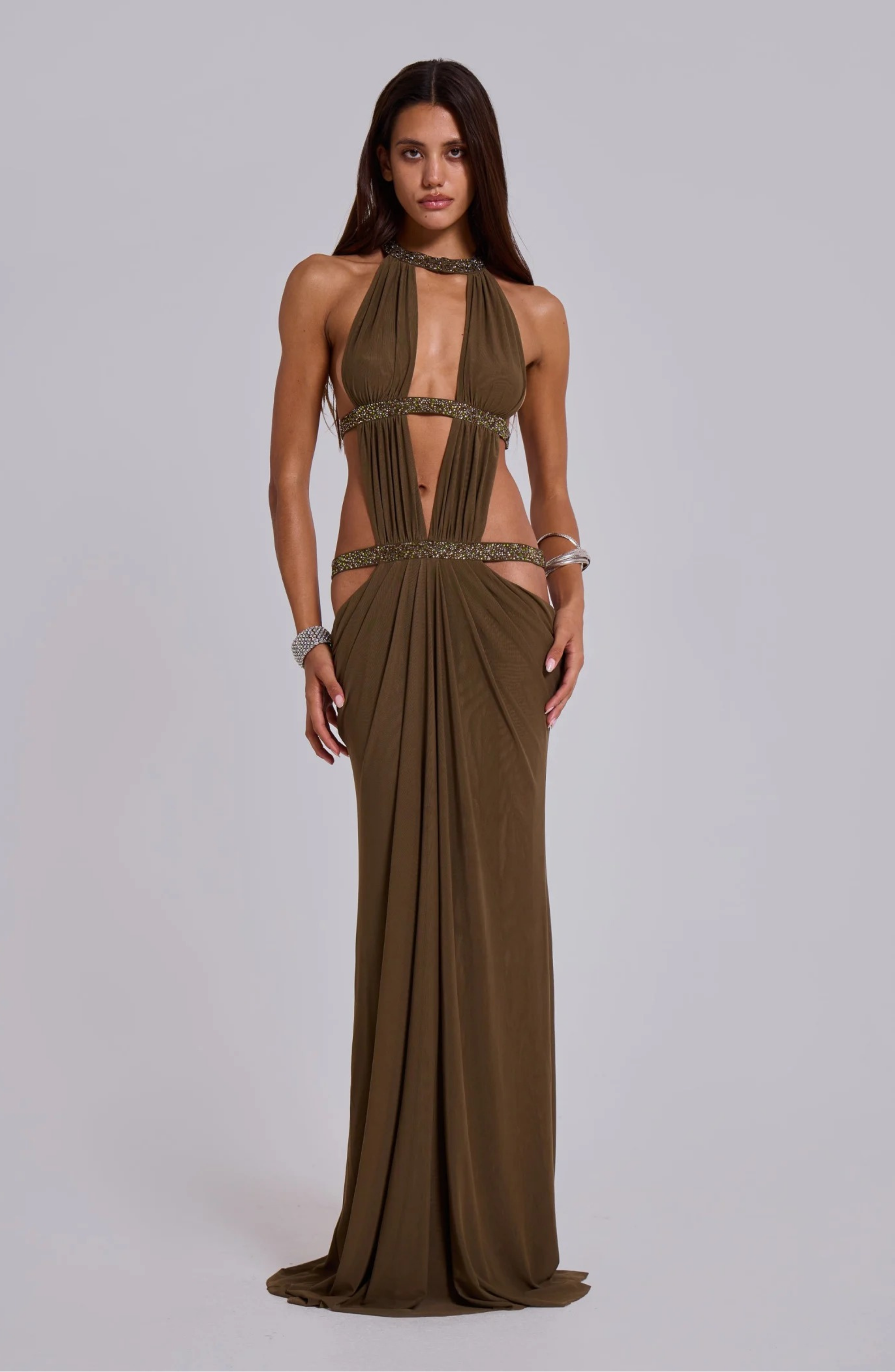 Eden Cut Goddess Maxi Dress, Brown / XS