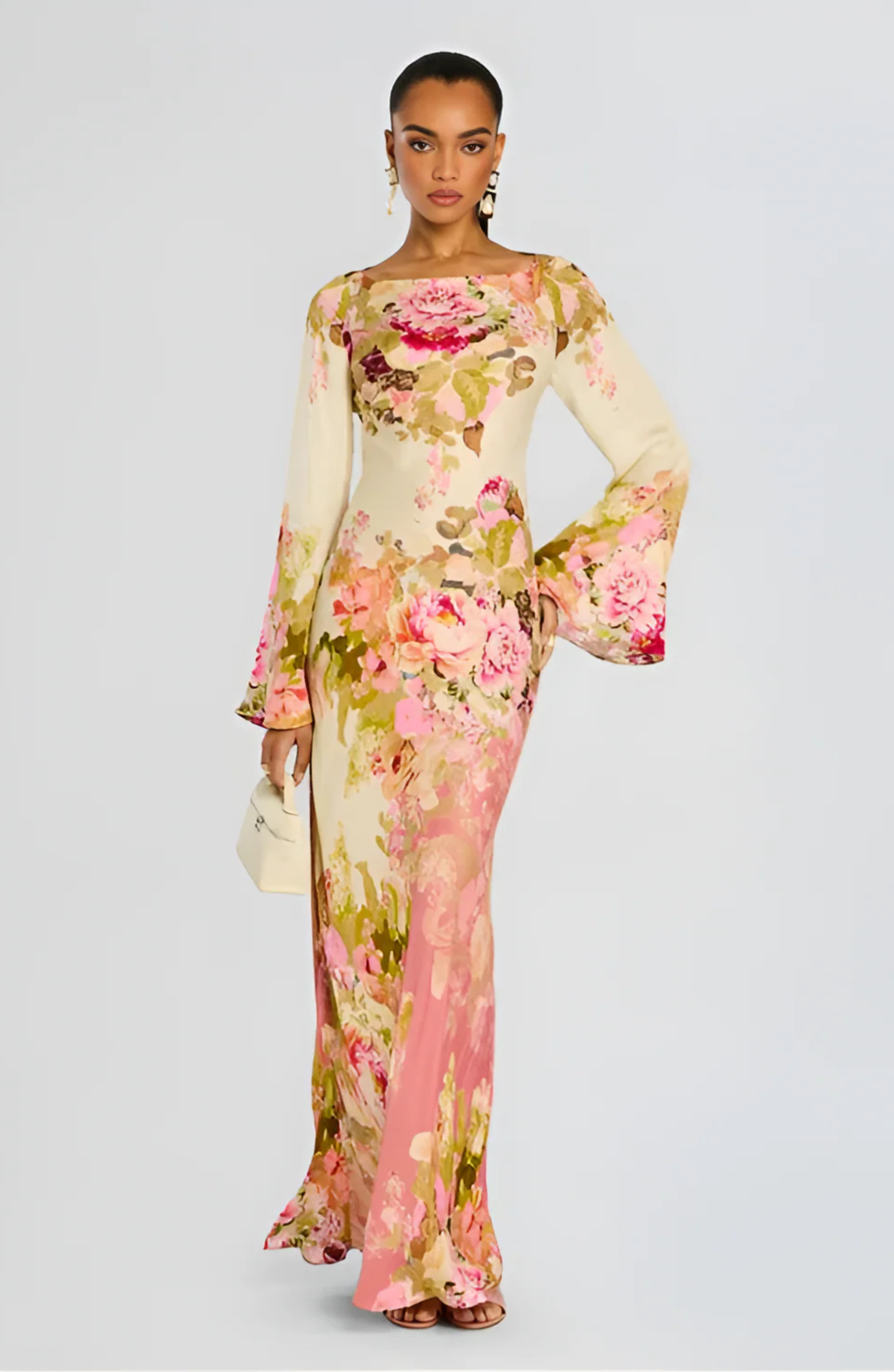 garden party dress long sleeve A-Line Court Train Party Dresses Floral Flying Dress Long Sleeve V Neck Garden Party Wedding Guest Polyester with Print Strappy 2026
