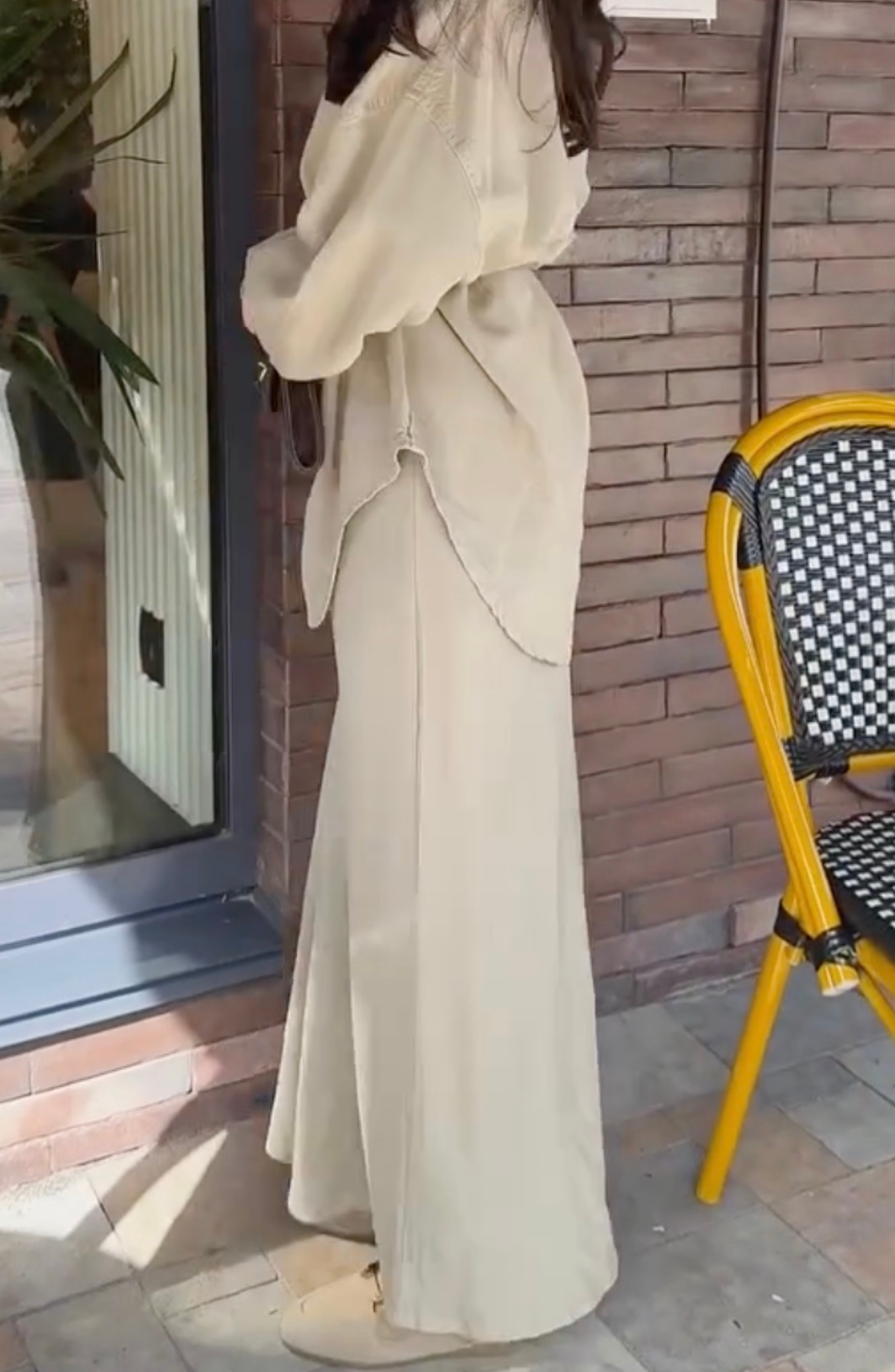 Long-sleeved Tie-Drawstring Shirt and Skirt Set