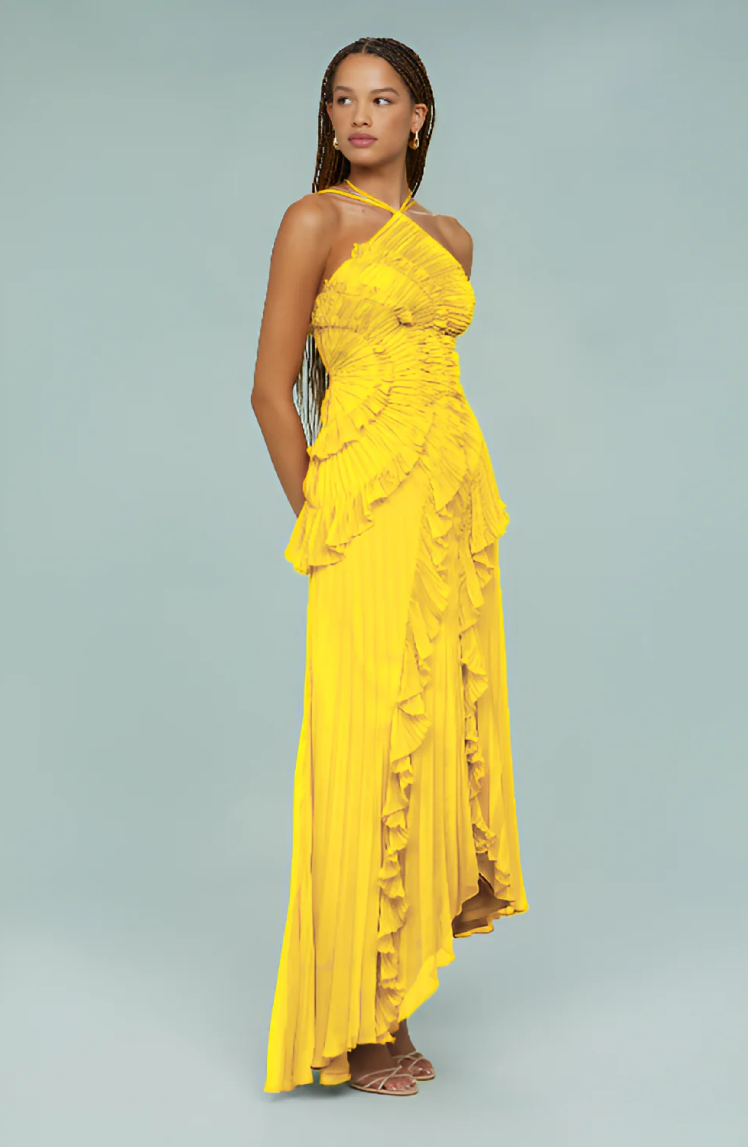 Pleated Frill Halter Neck Maxi Dress