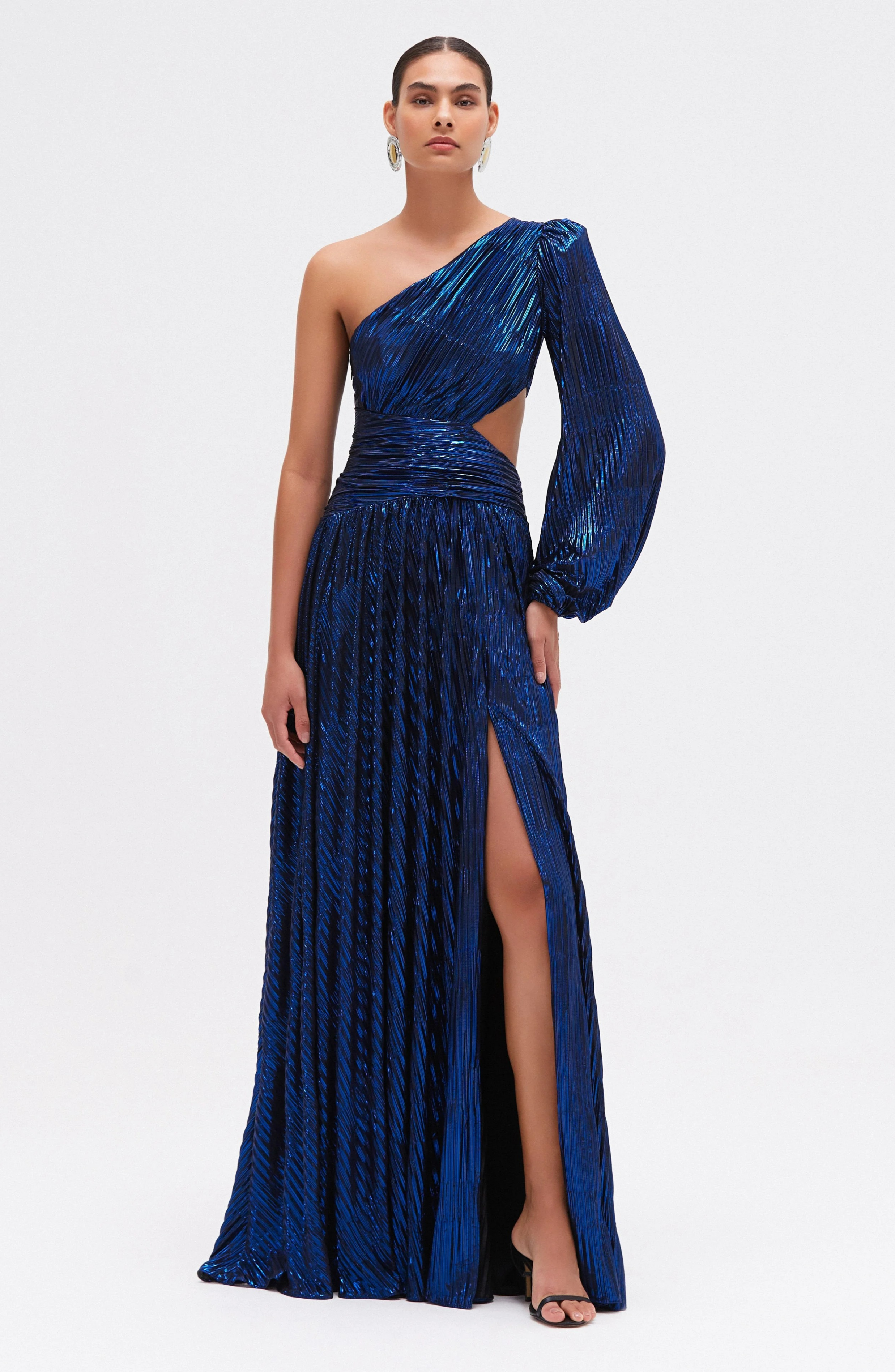 METALLIC PLISSE ONE SHOULDER GOWN MAXI DRESS
