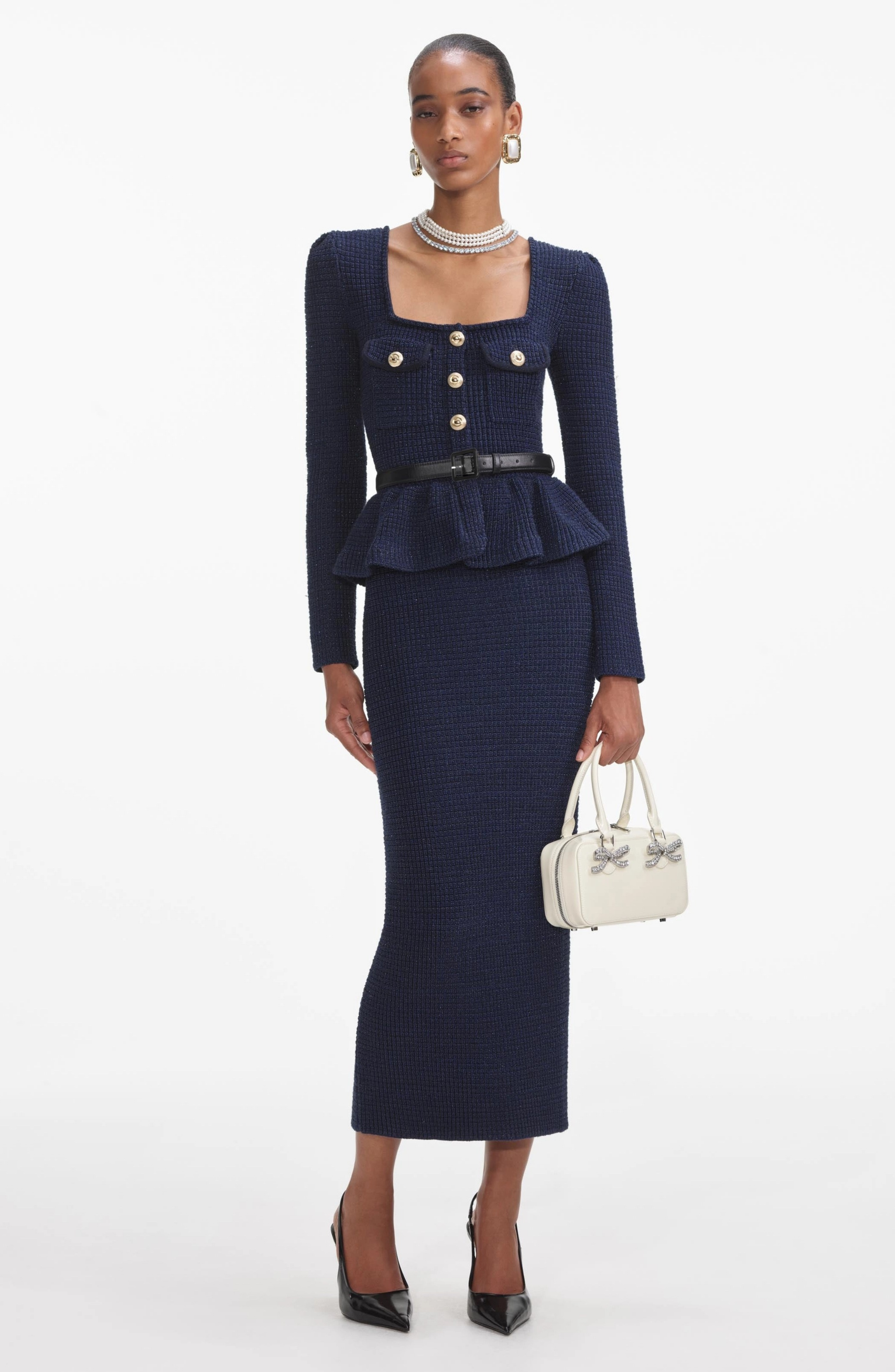 Knit metal button square collar top & mid waist midi skirt set