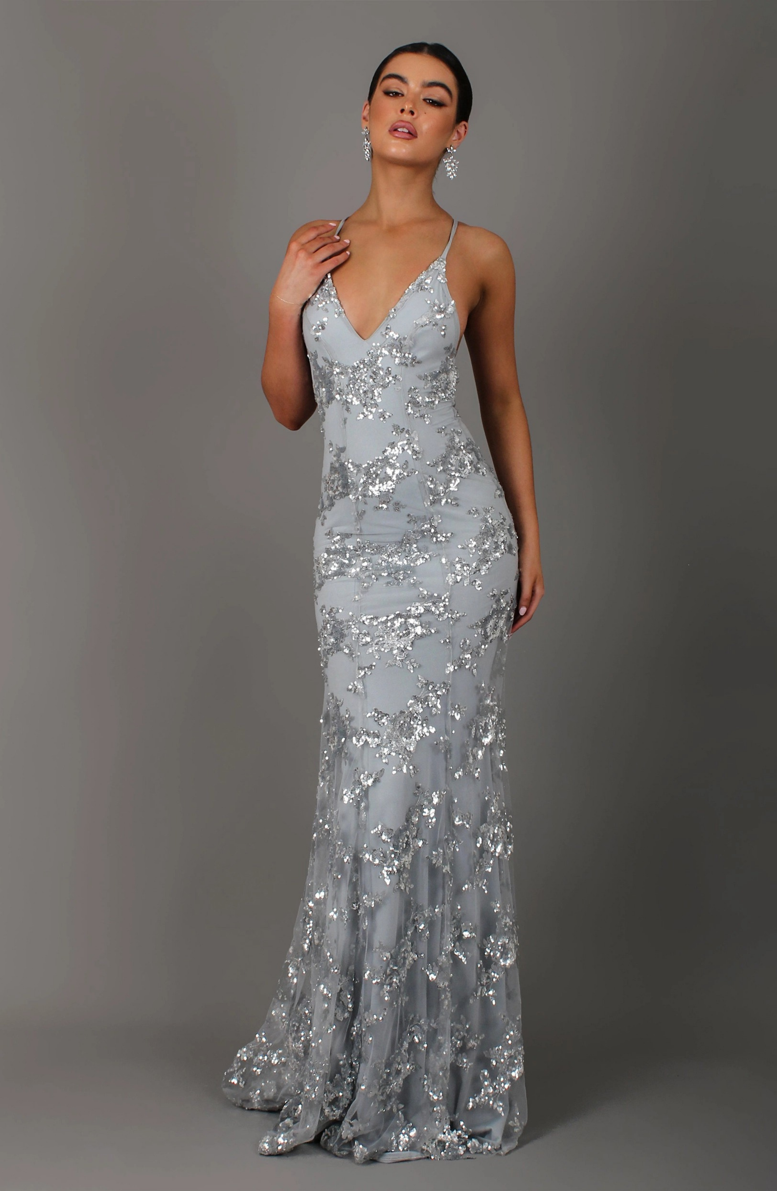 SEQUIN V-NECK BACKLESS MAXI DRESS GREY