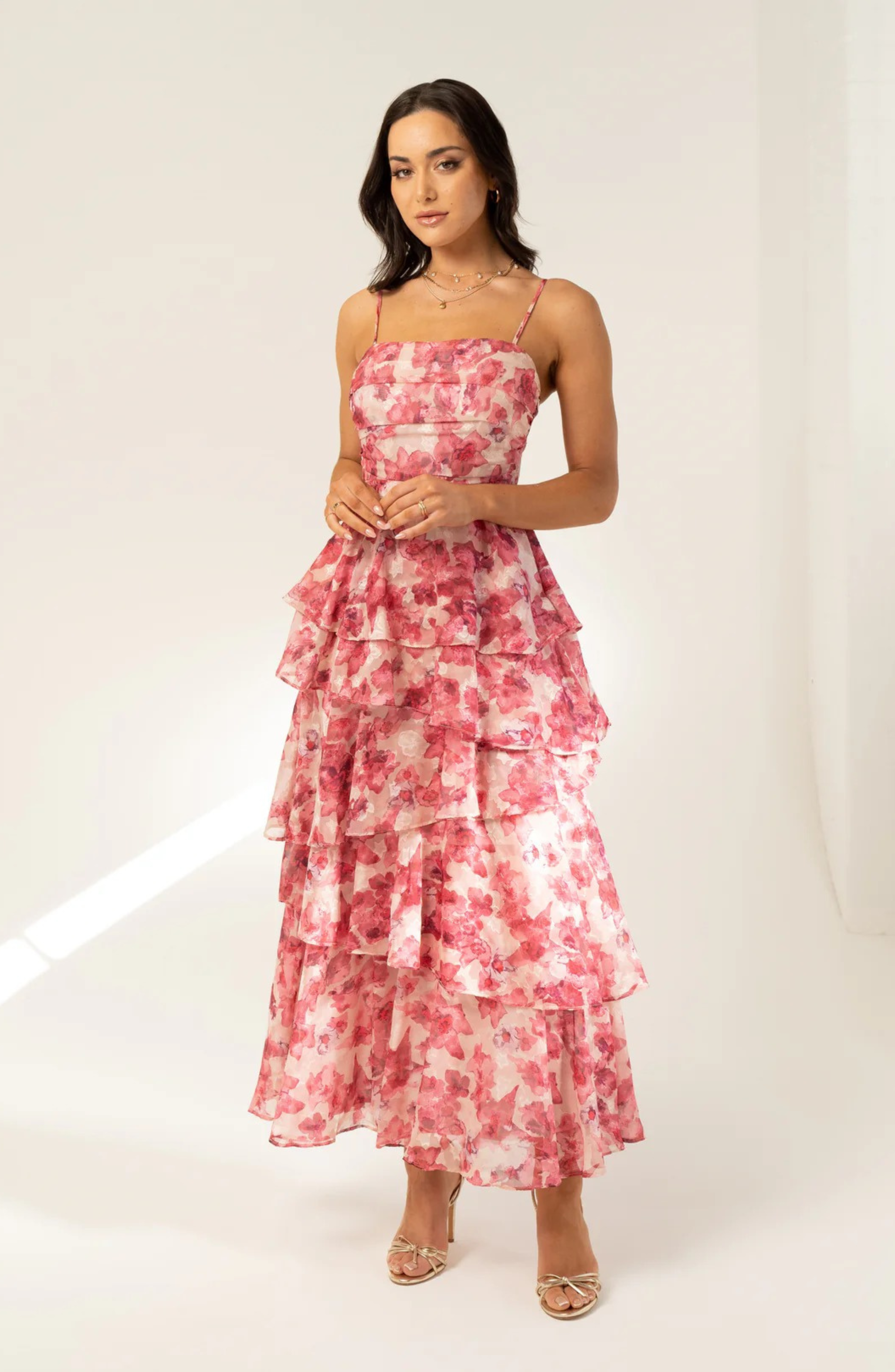 EMILIA PINK FLORAL TIERED MIDI DRESS