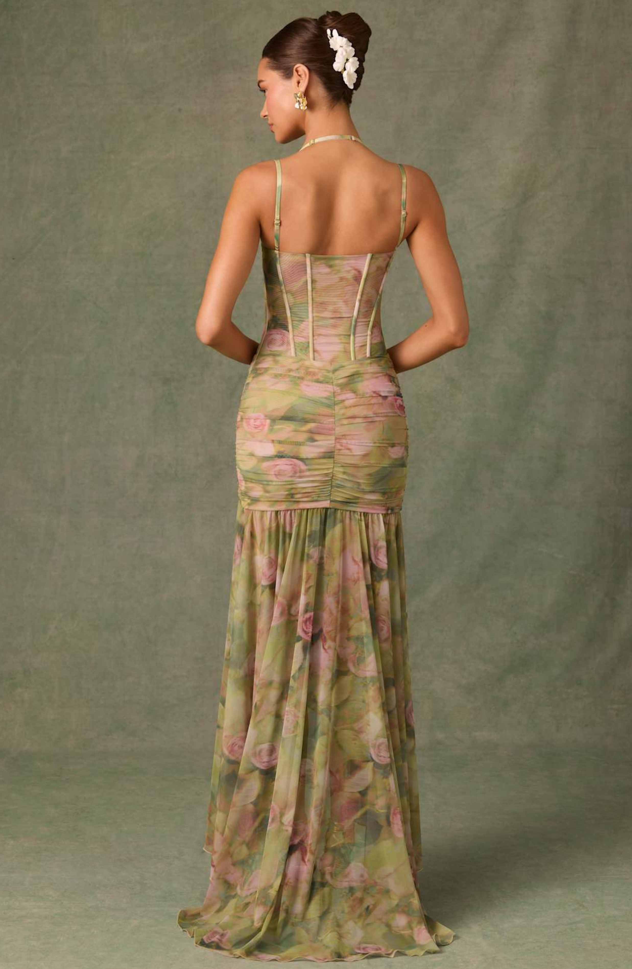 Ruched asymmetric corset gown maxi dress