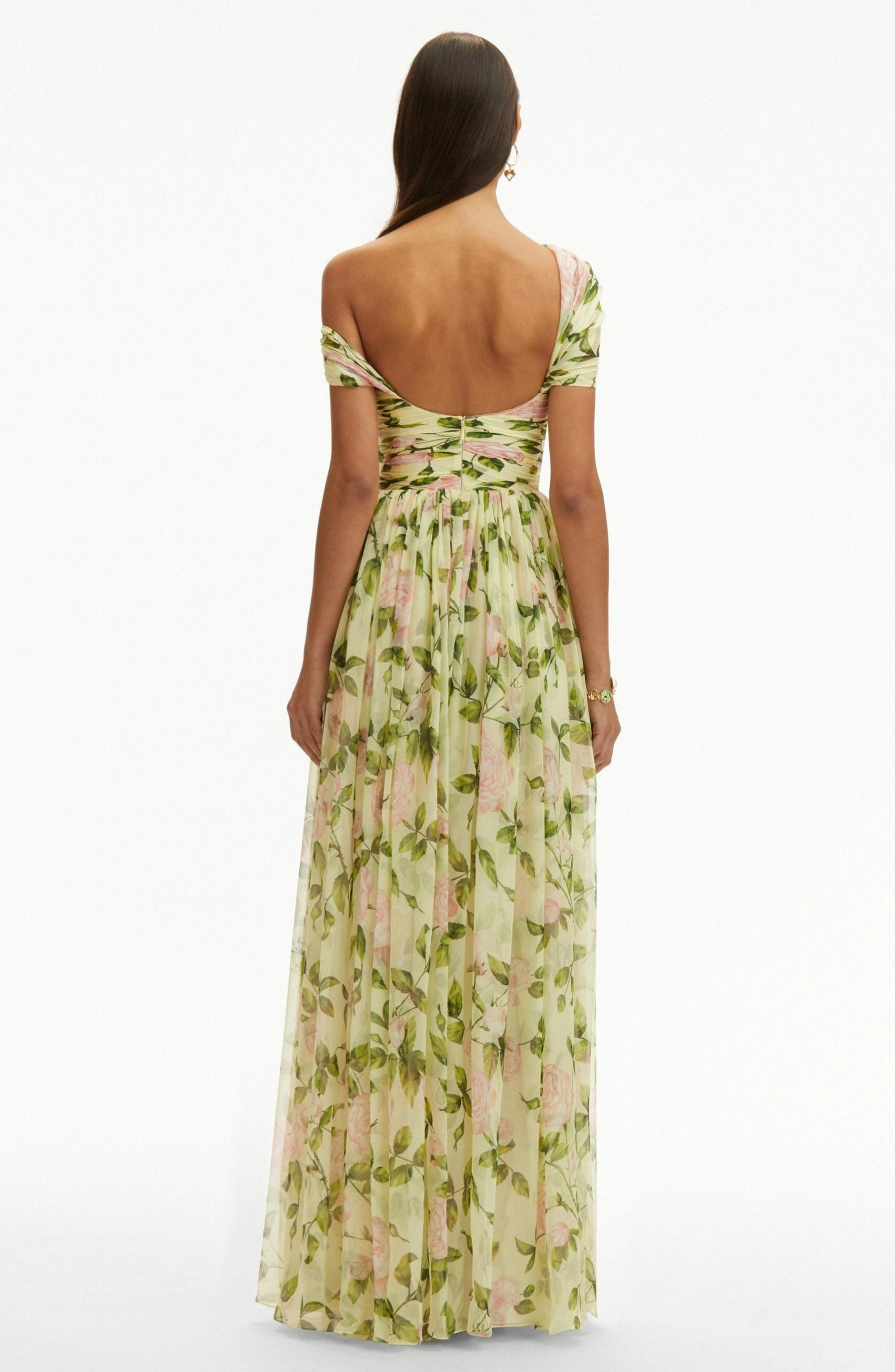FLORAL SKEW COLLAR CHIFFON MAXI DRESS