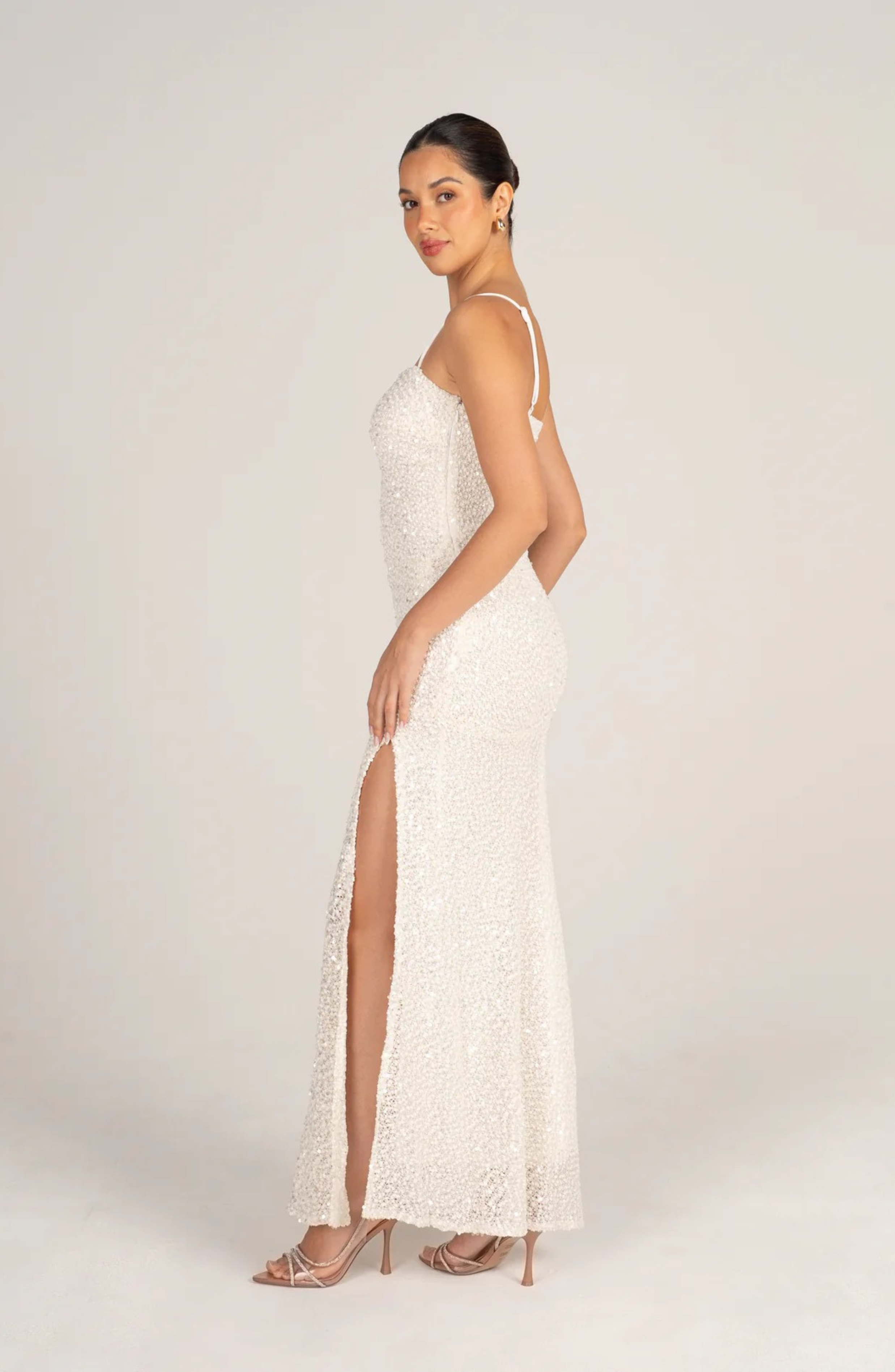 IMANI WOVEN SEQUIN WHITE PARTY MAXI DRESS
