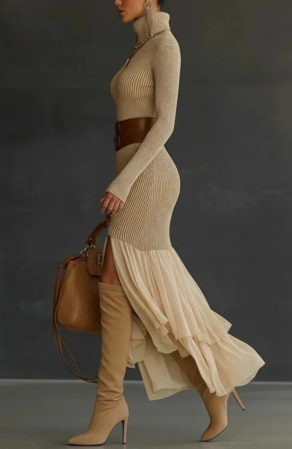 Élan Camel Turtleneck Knit Dress