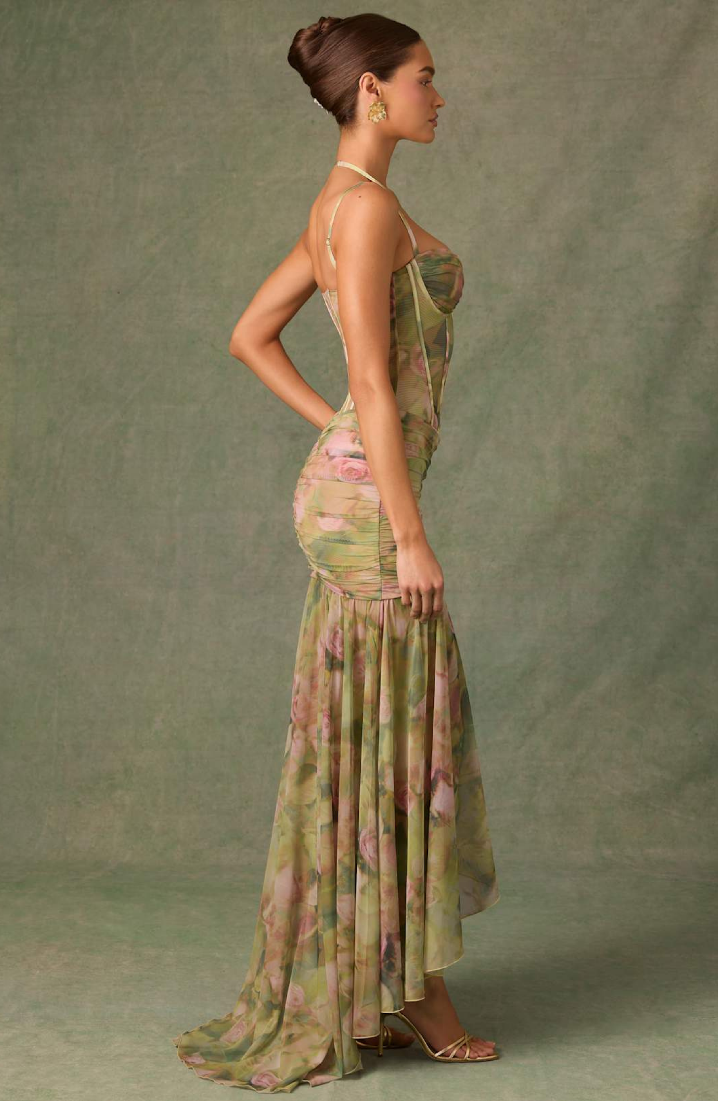 Ruched asymmetric corset gown maxi dress