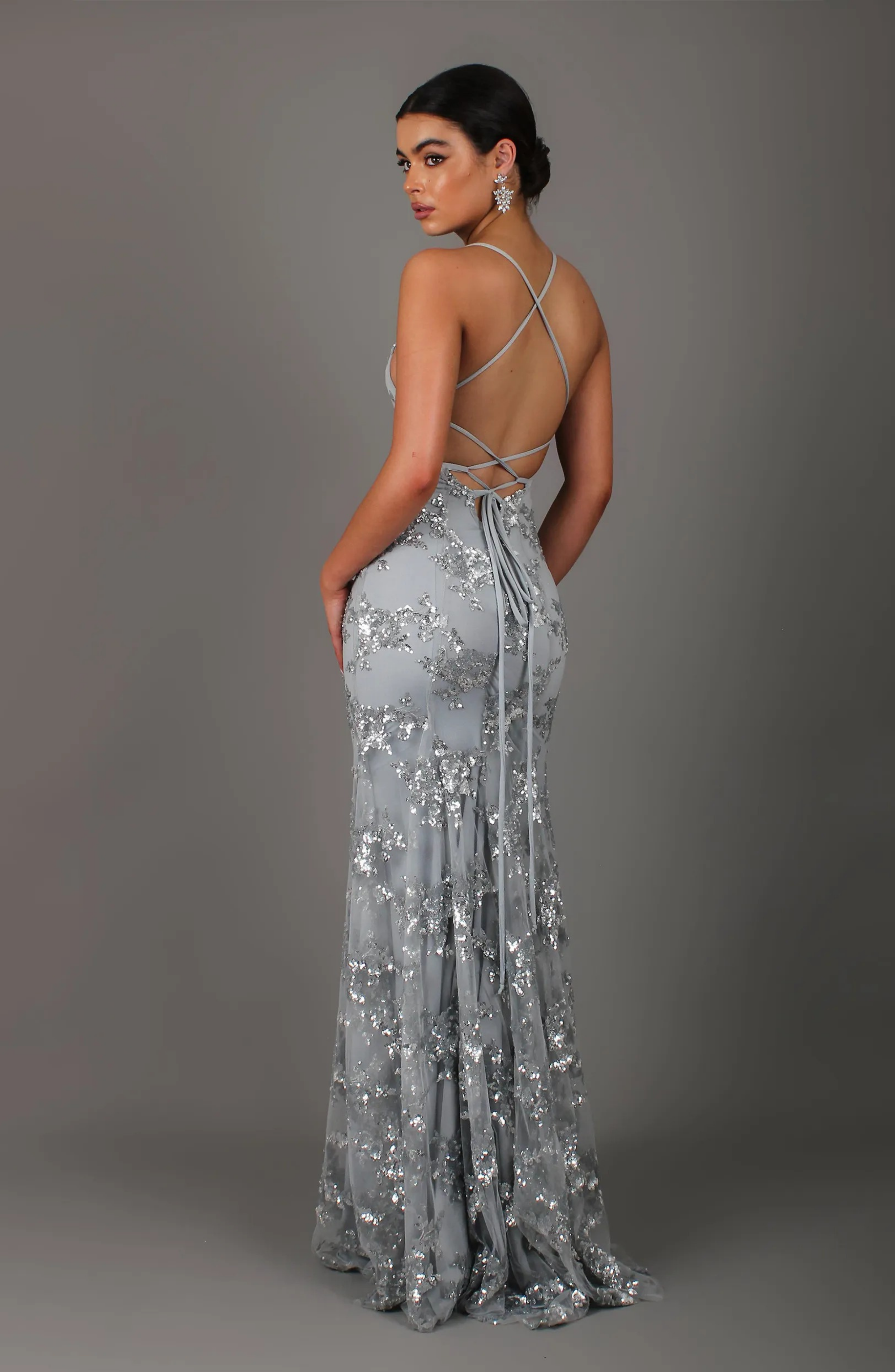 SEQUIN V-NECK BACKLESS MAXI DRESS GREY