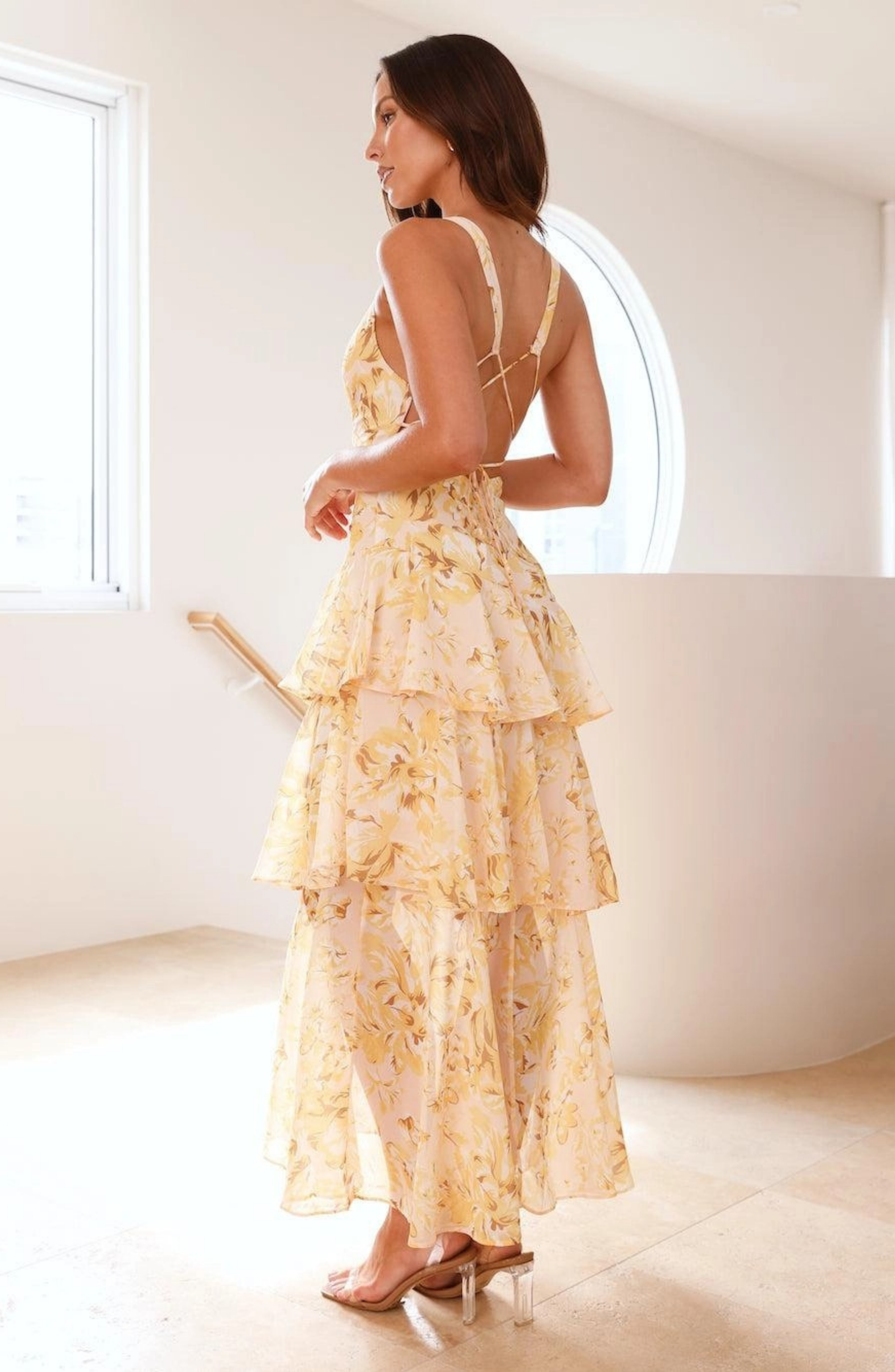 FLORAL CHIFFON RUFFLE MIDI DRESS