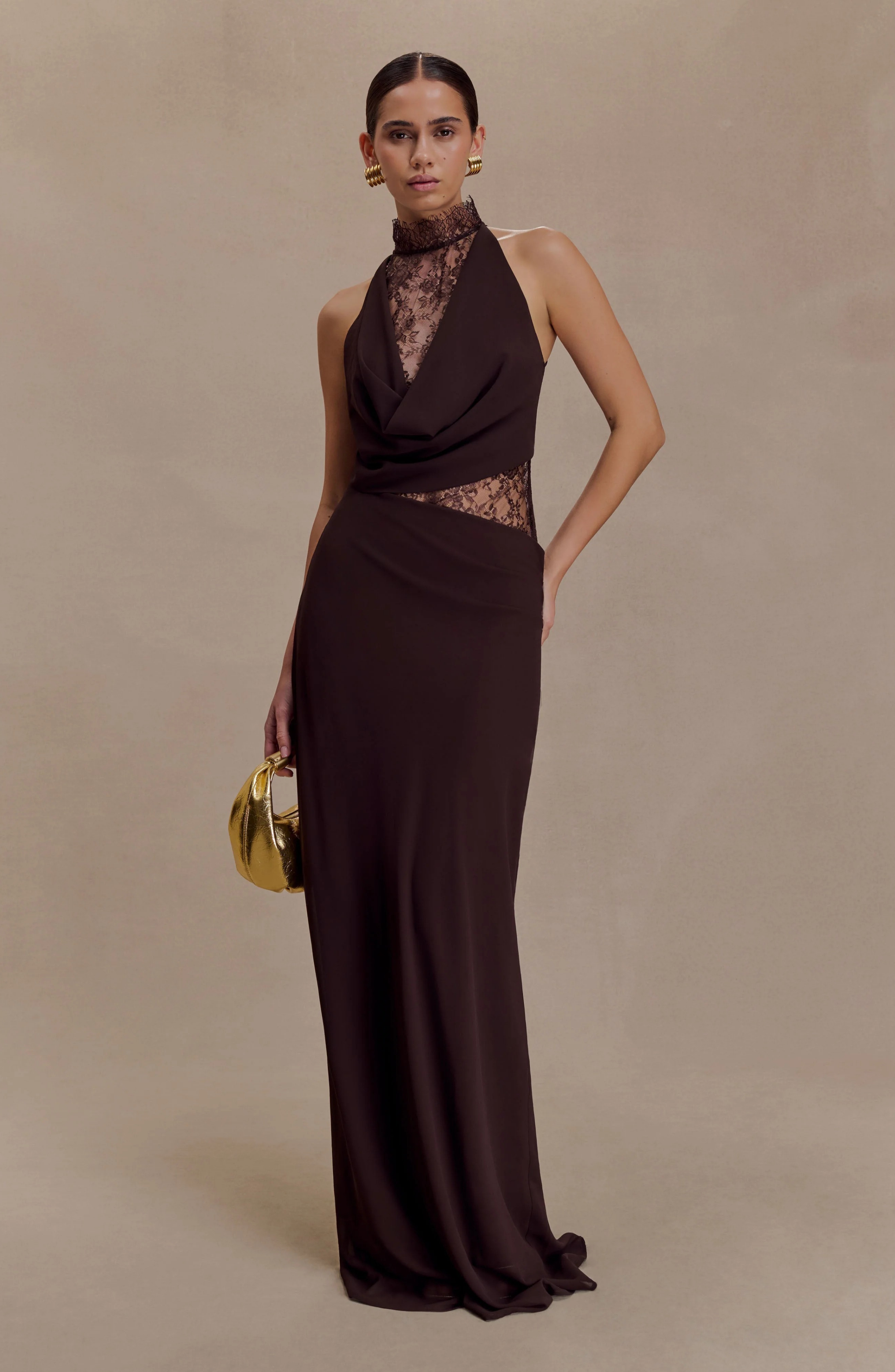 cocoa dresses Lacy Sleeveless Linen Midi Dress in By DISSH Look like you stepped off the red carpet and onto the aisle in this glamorous Chocolate Brown Crystal-Embellished Maxi Dress