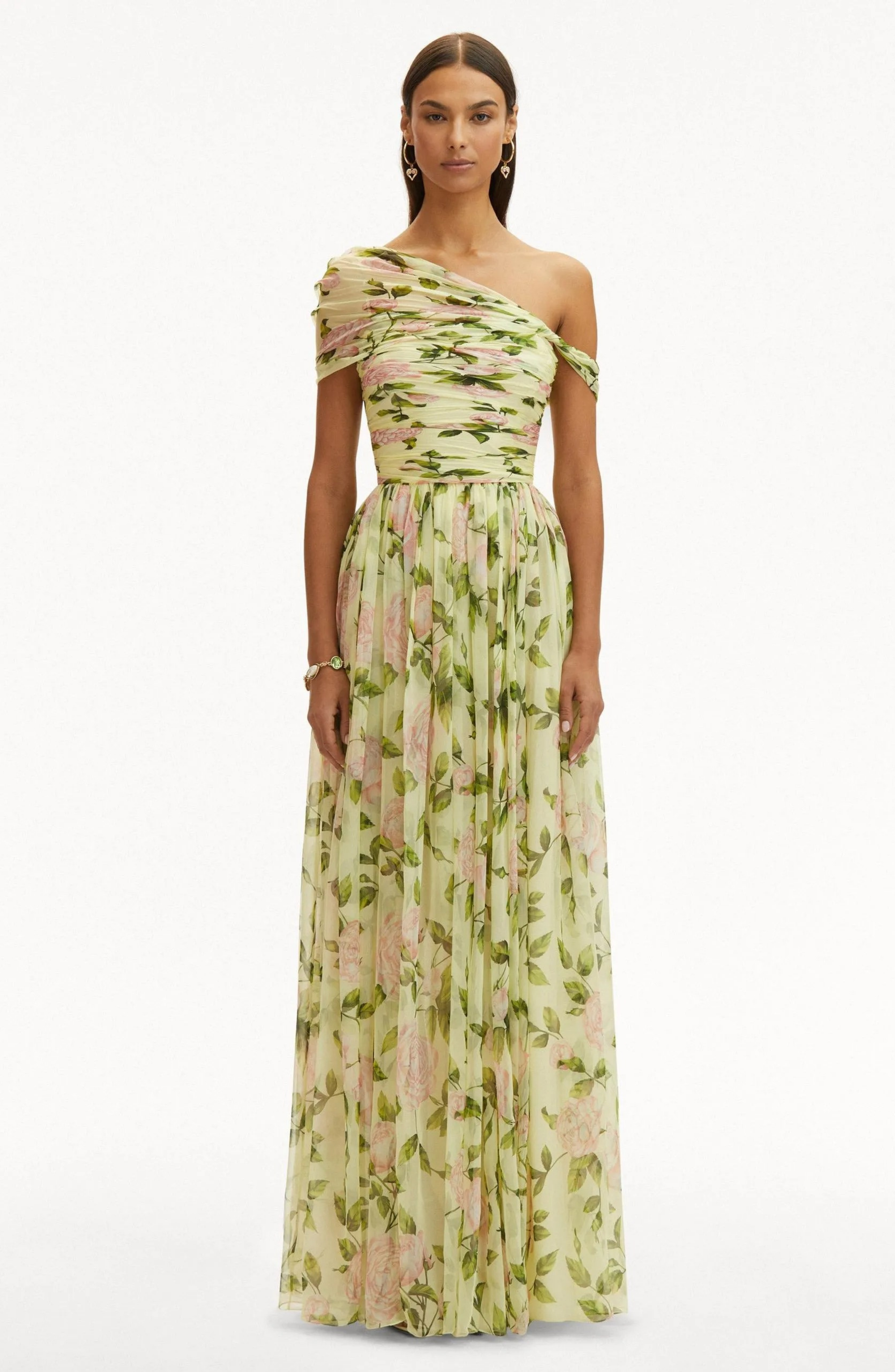 FLORAL SKEW COLLAR CHIFFON MAXI DRESS