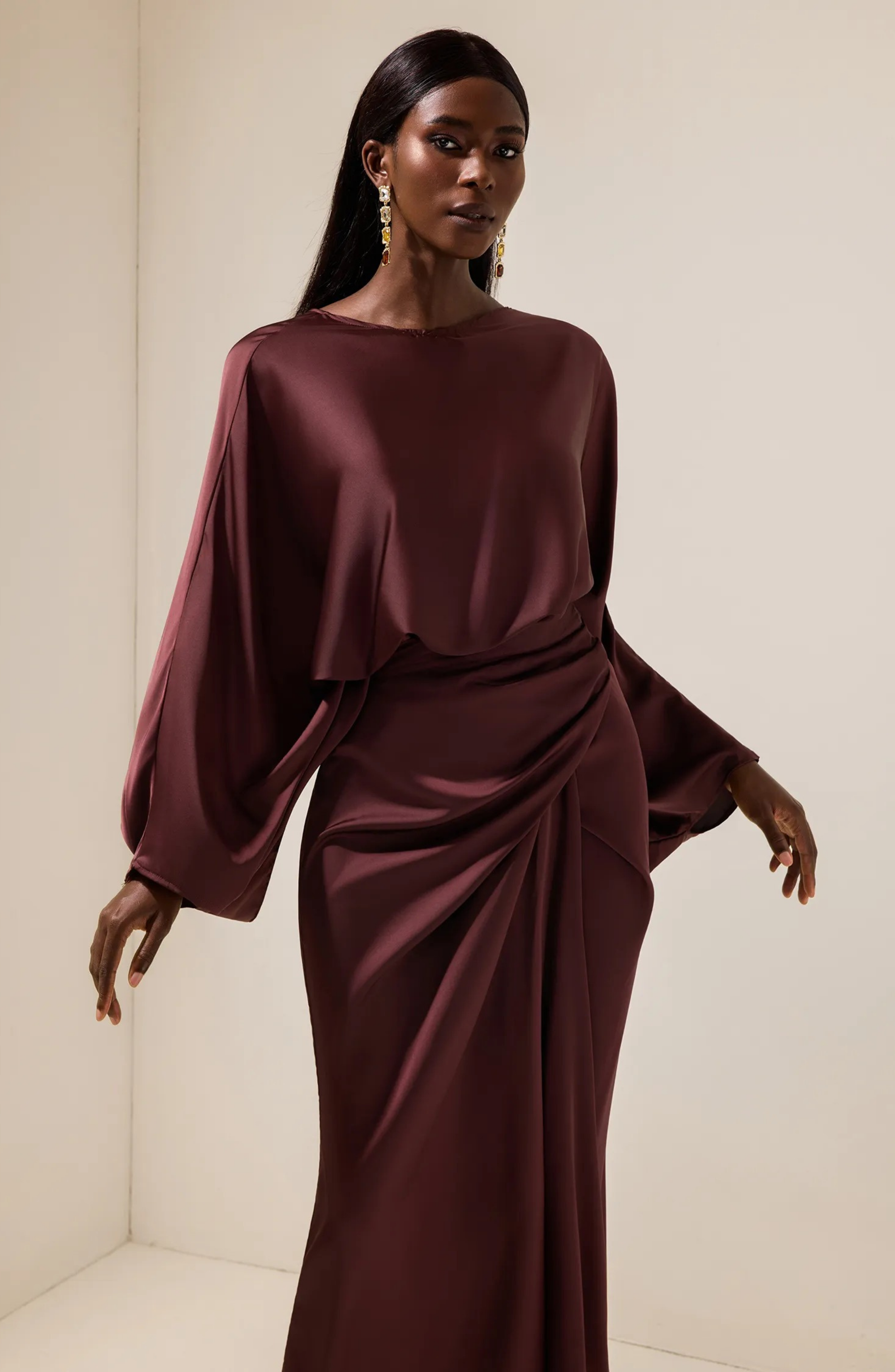 Satin Batwing Sleeve Top & Wrap Dress Midi Skirt Set