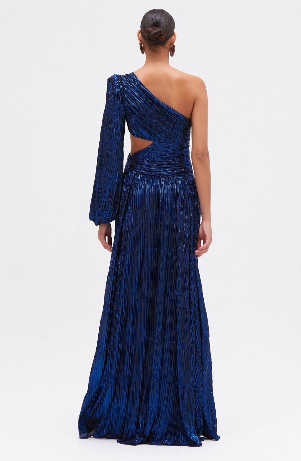 METALLIC PLISSE ONE SHOULDER GOWN MAXI DRESS