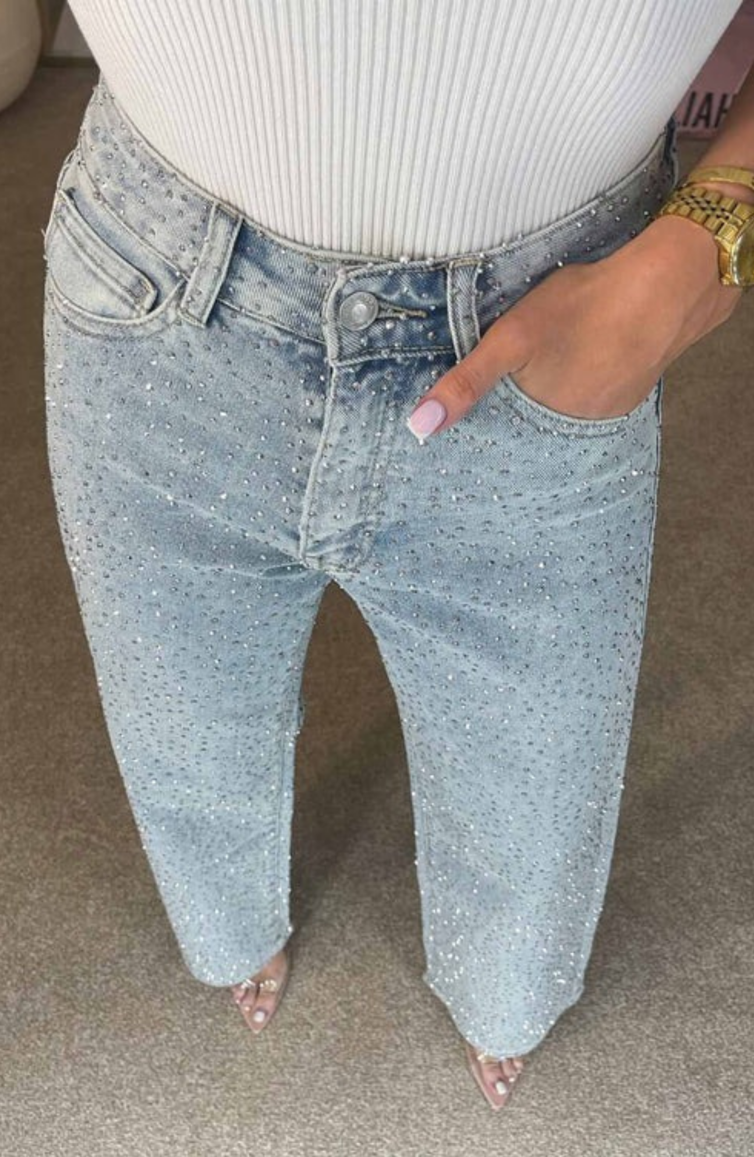 High Waisted Diamanté Straight Leg Jeans