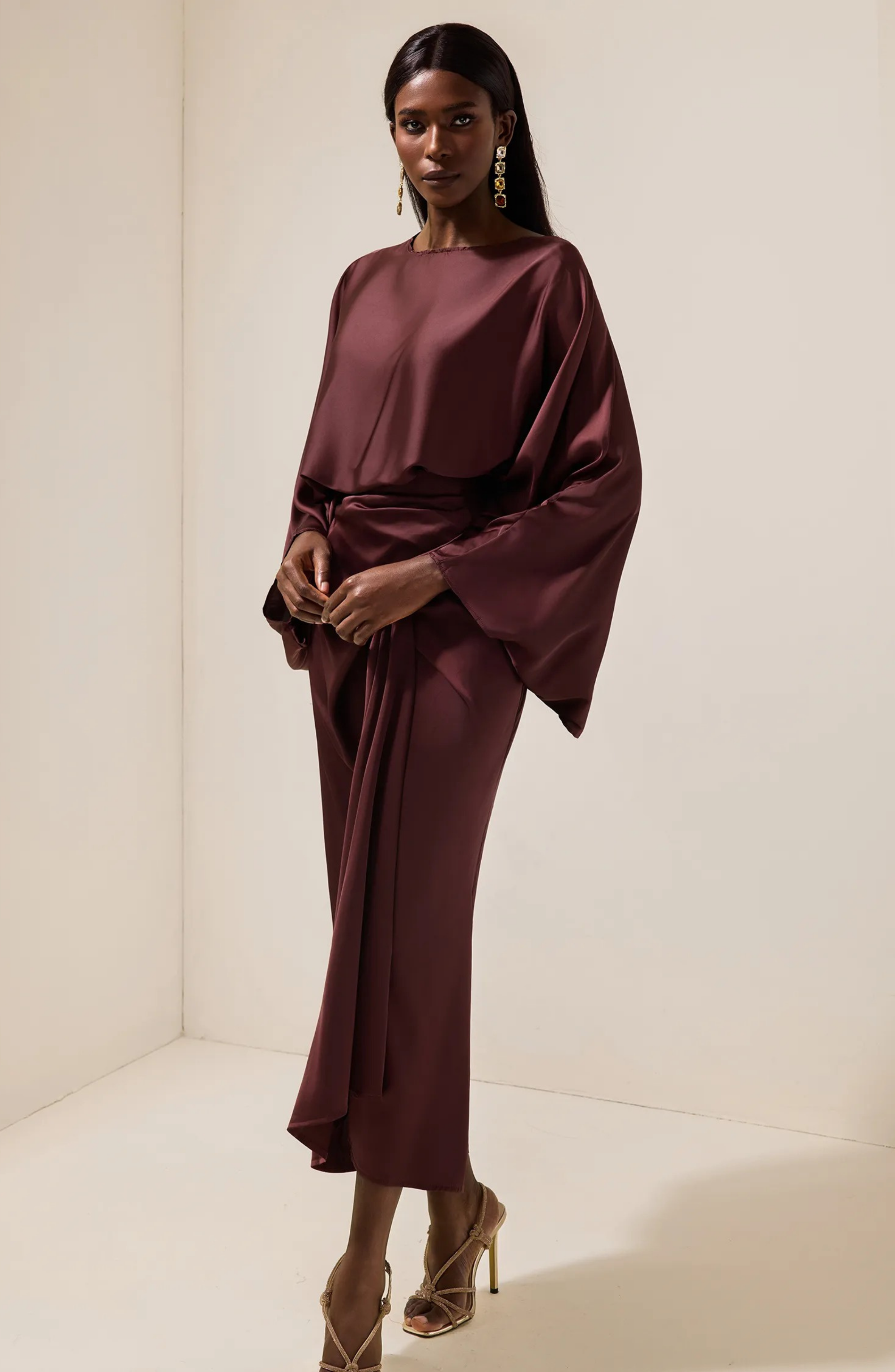 Satin Batwing Sleeve Top & Wrap Dress Midi Skirt Set