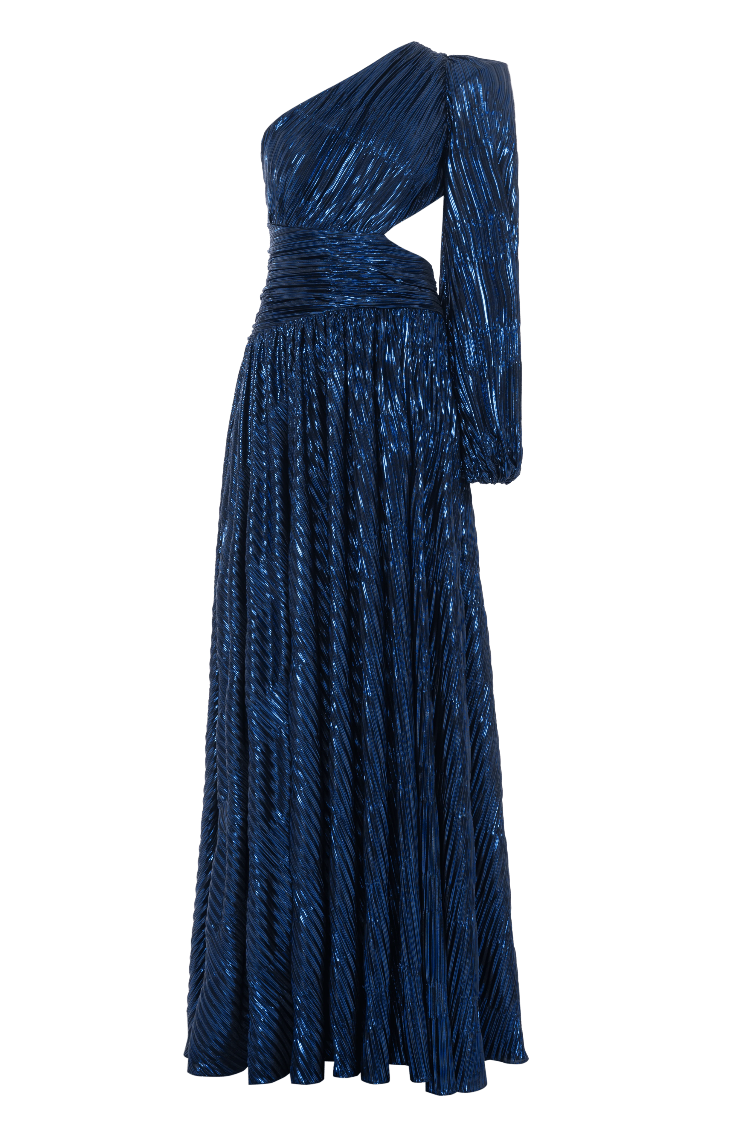METALLIC PLISSE ONE SHOULDER GOWN MAXI DRESS