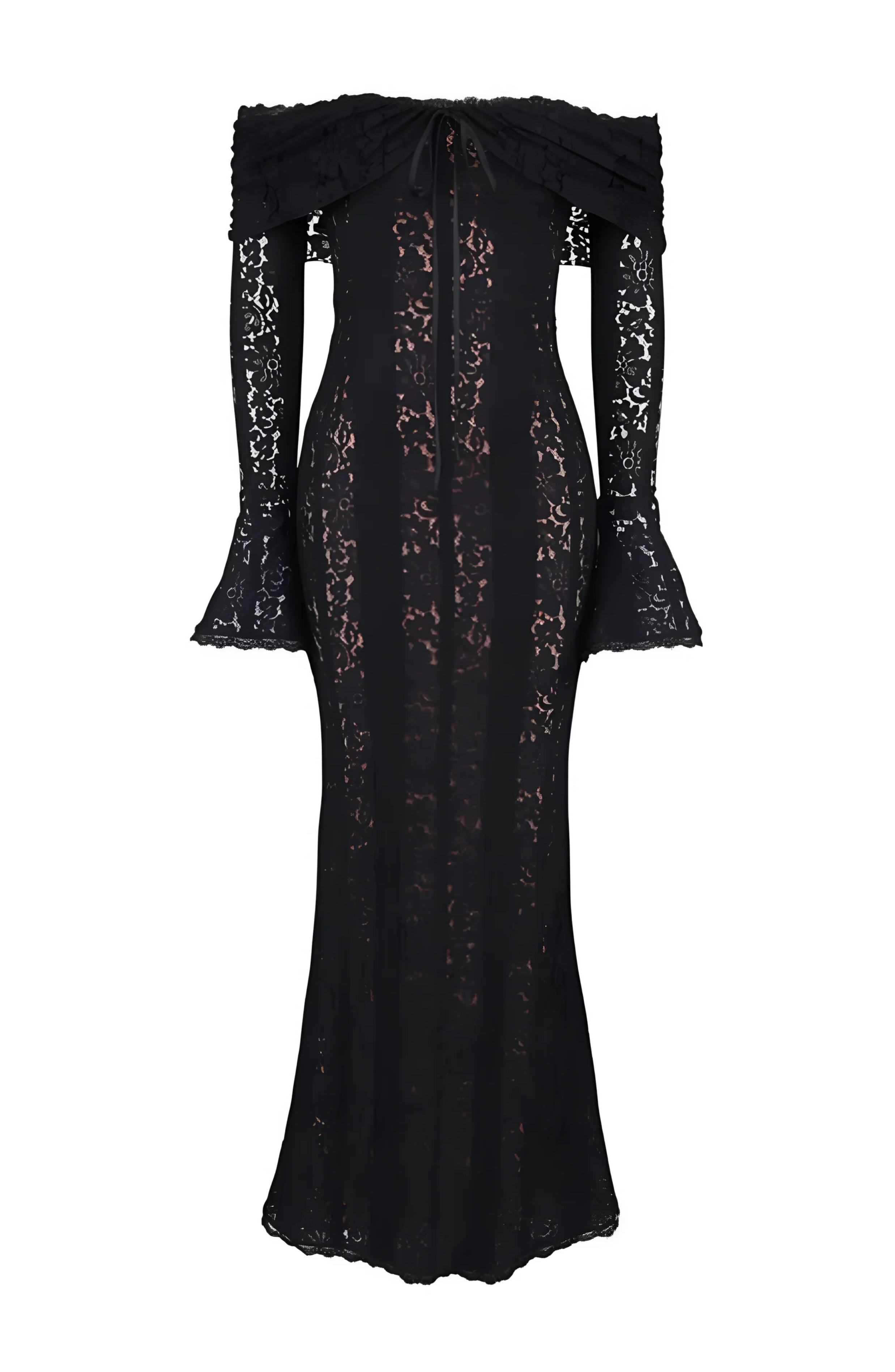 off the shoulder lace maxi dress Emily Dress, White S Sheer floral lace creates a stunning overlay atop a nude knit liner as it shapes an off Clothing: Maxi Dresses: 'Debut' Black