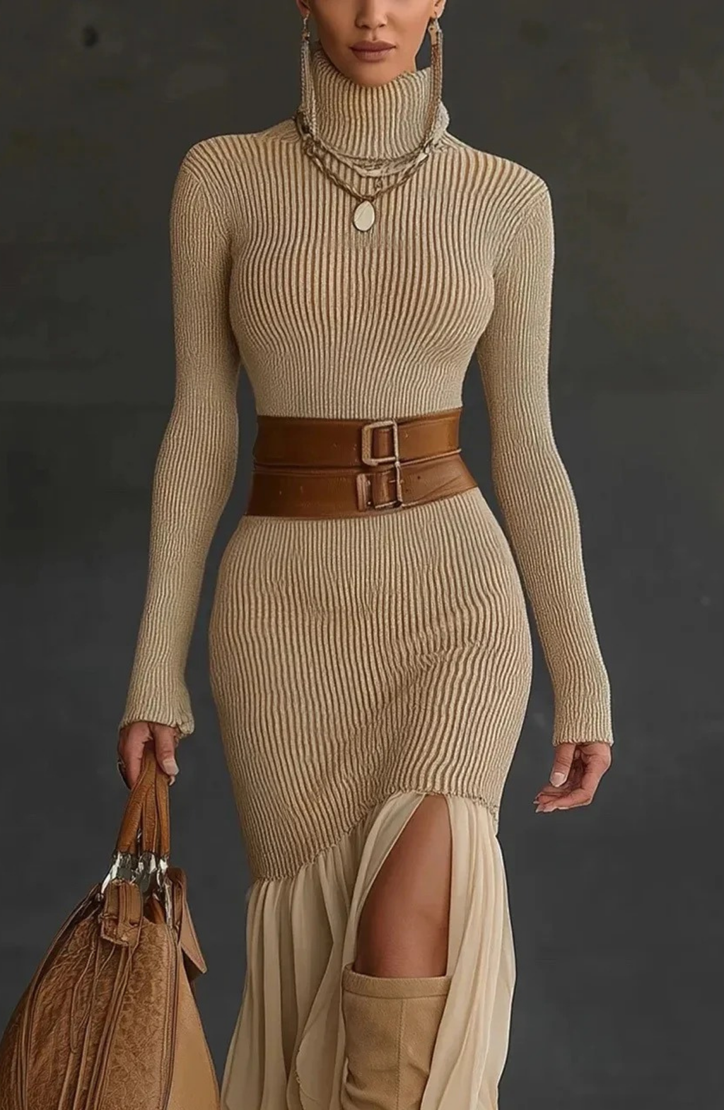 Élan Camel Turtleneck Knit Dress