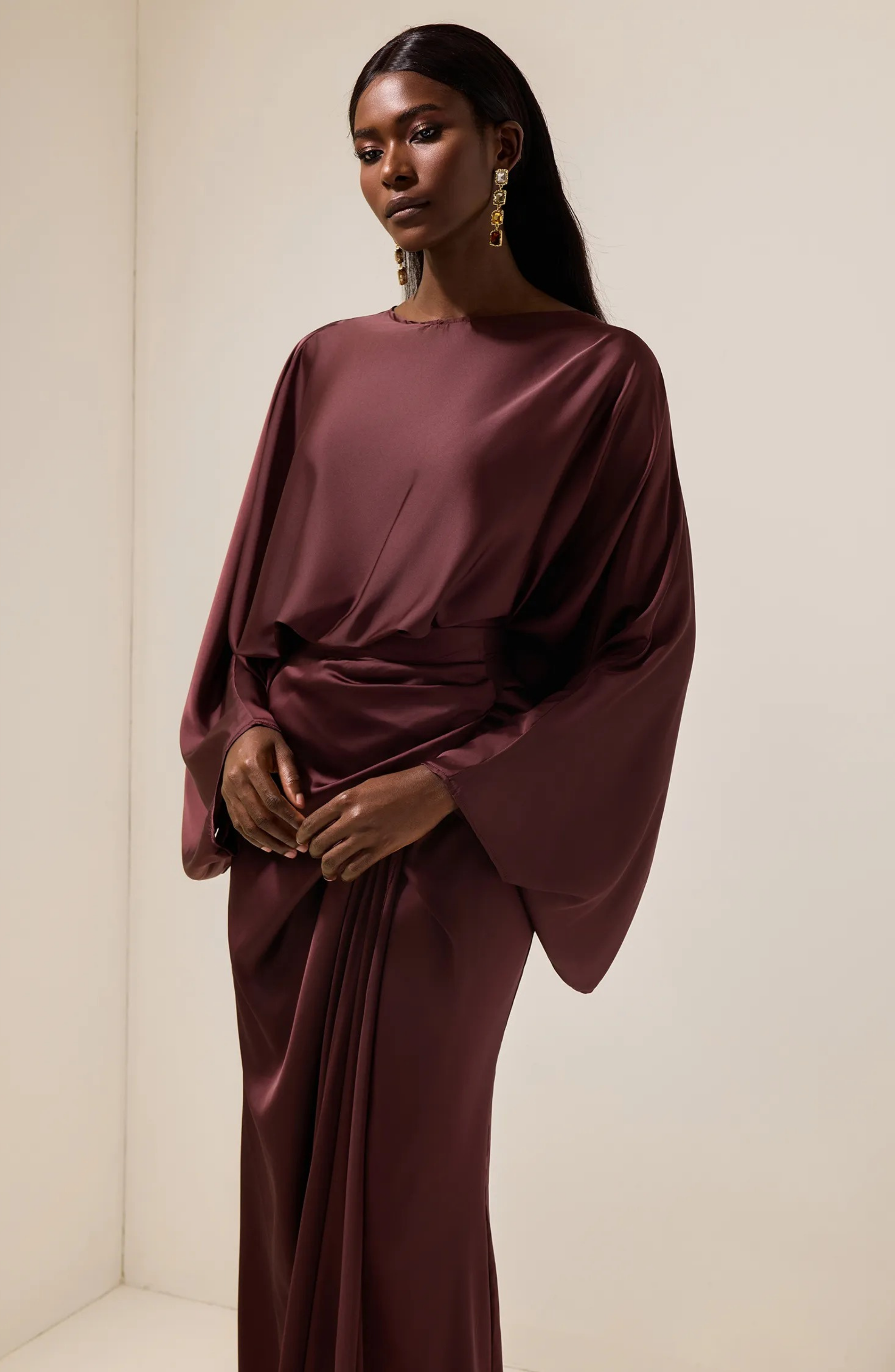 Satin Batwing Sleeve Top & Wrap Dress Midi Skirt Set