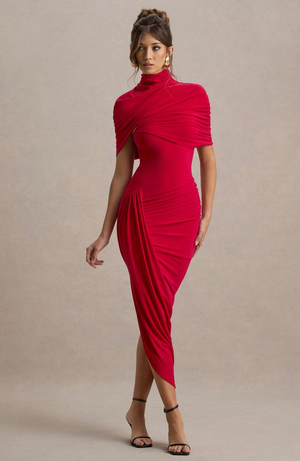 ASYMMETRIC TWISTED CAPE MIDI DRESS