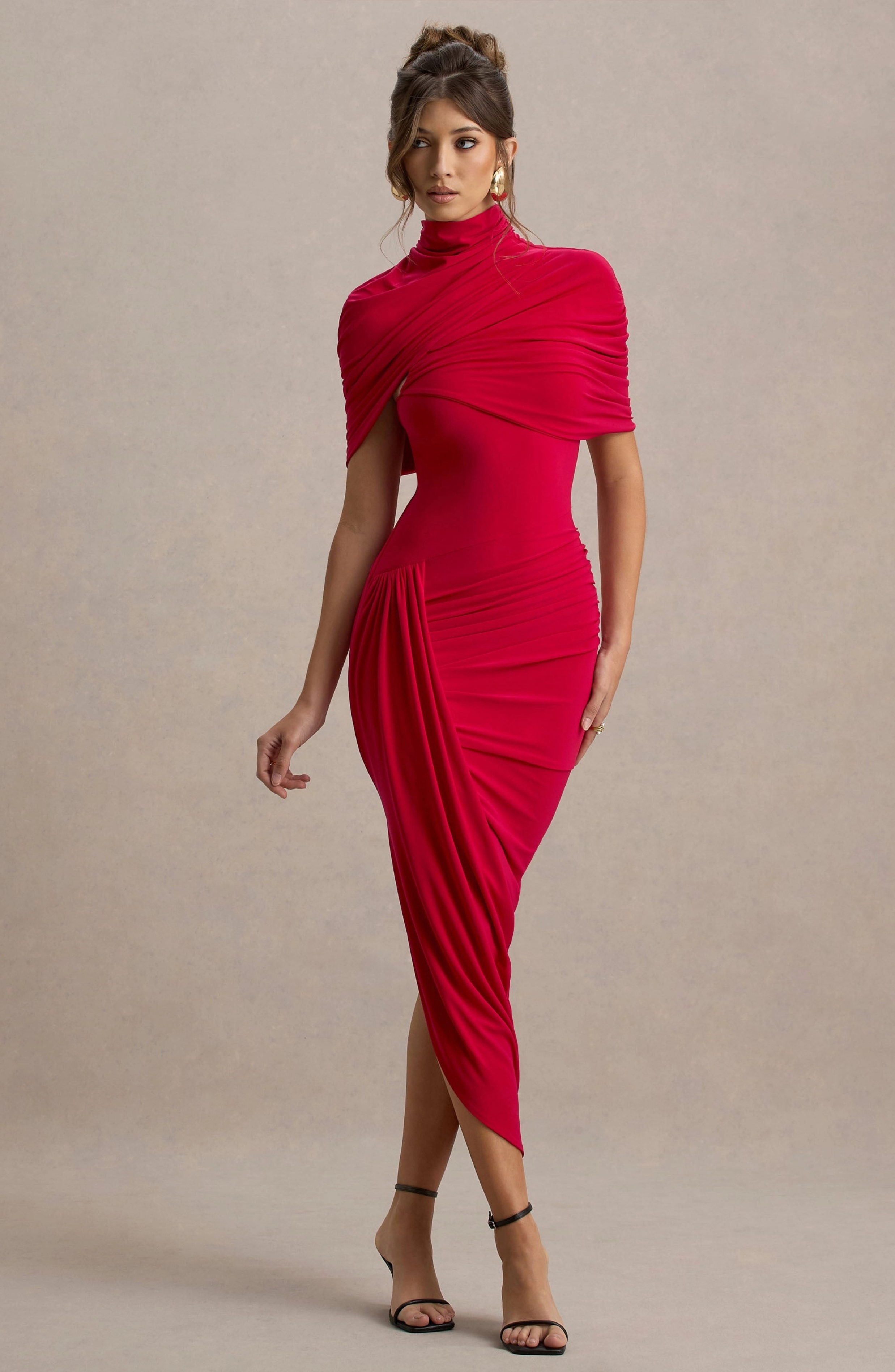 ASYMMETRIC TWISTED CAPE MIDI DRESS