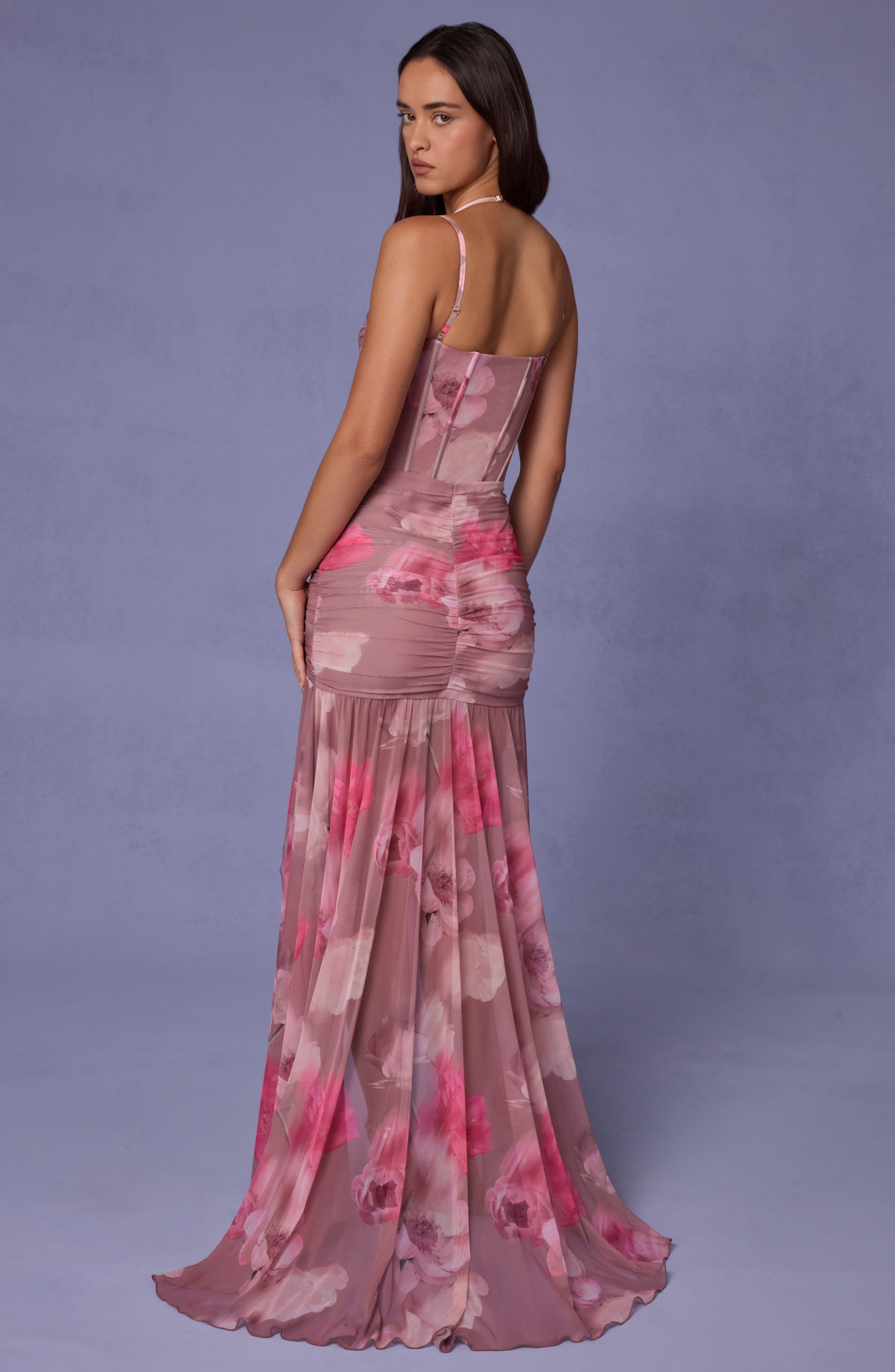 Ruched asymmetric corset gown maxi dress