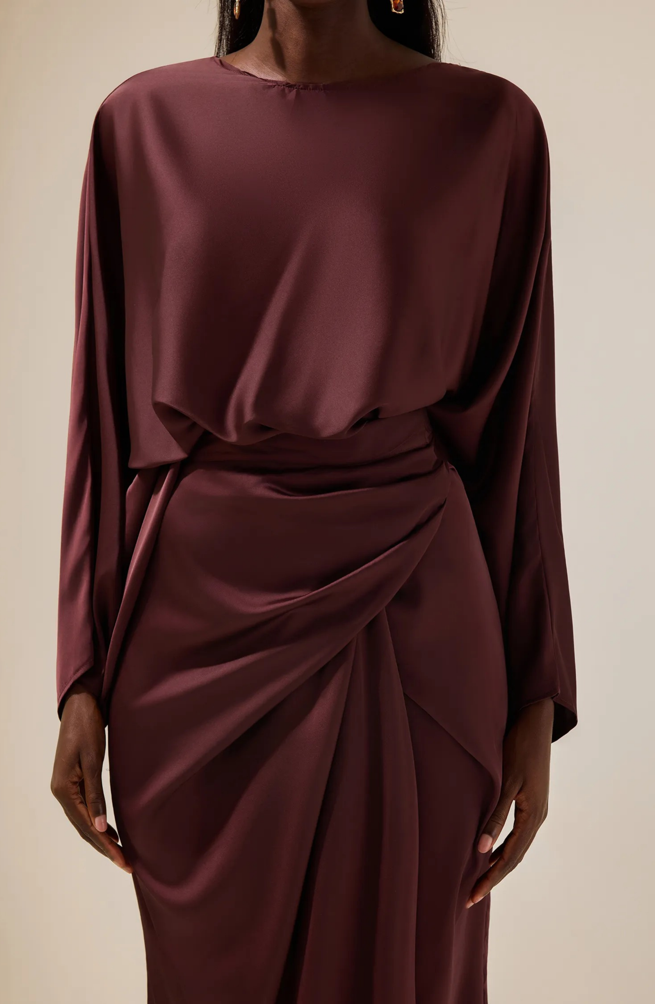 Satin Batwing Sleeve Top & Wrap Dress Midi Skirt Set