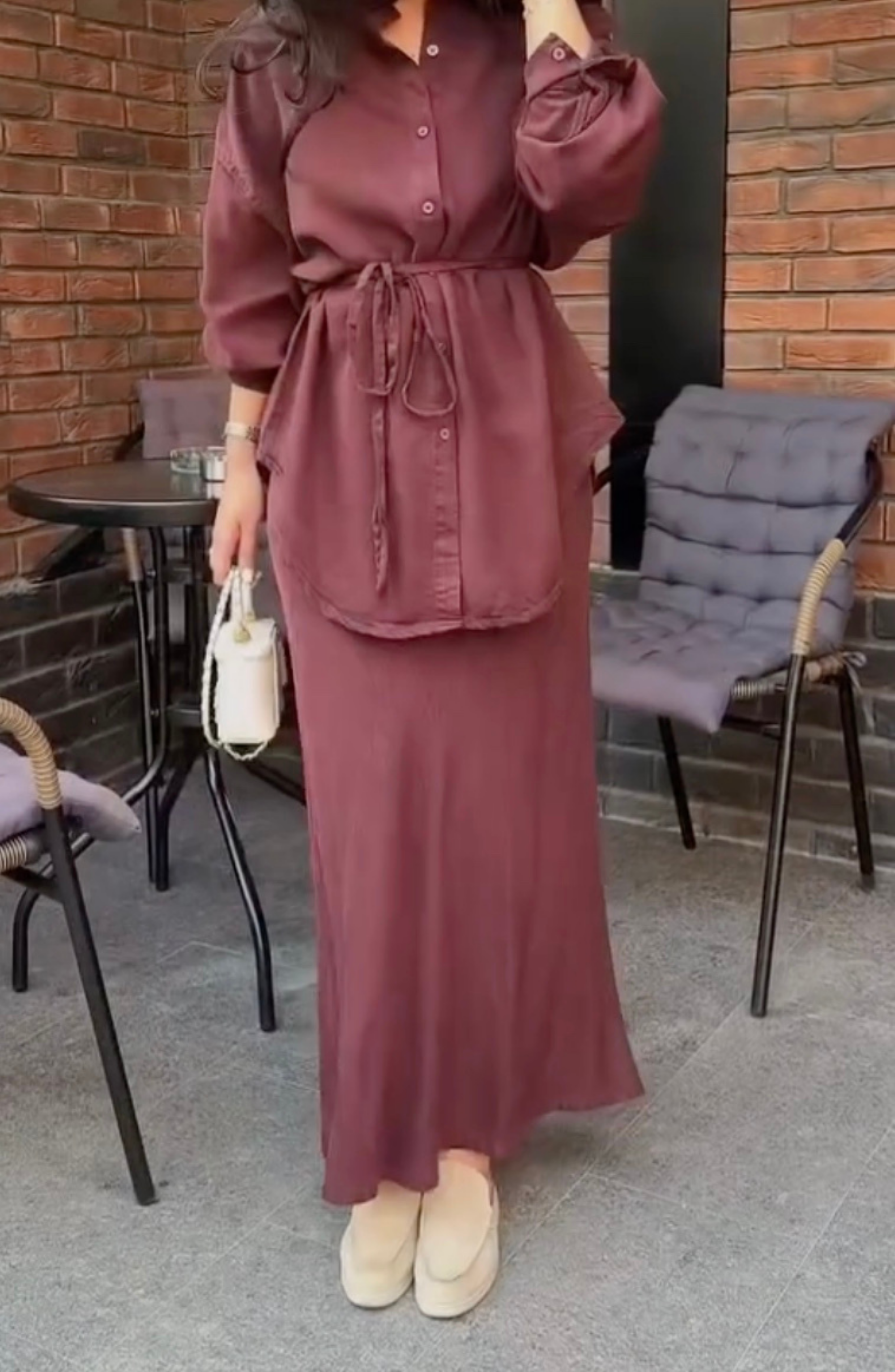 Long-sleeved Tie-Drawstring Shirt and Skirt Set