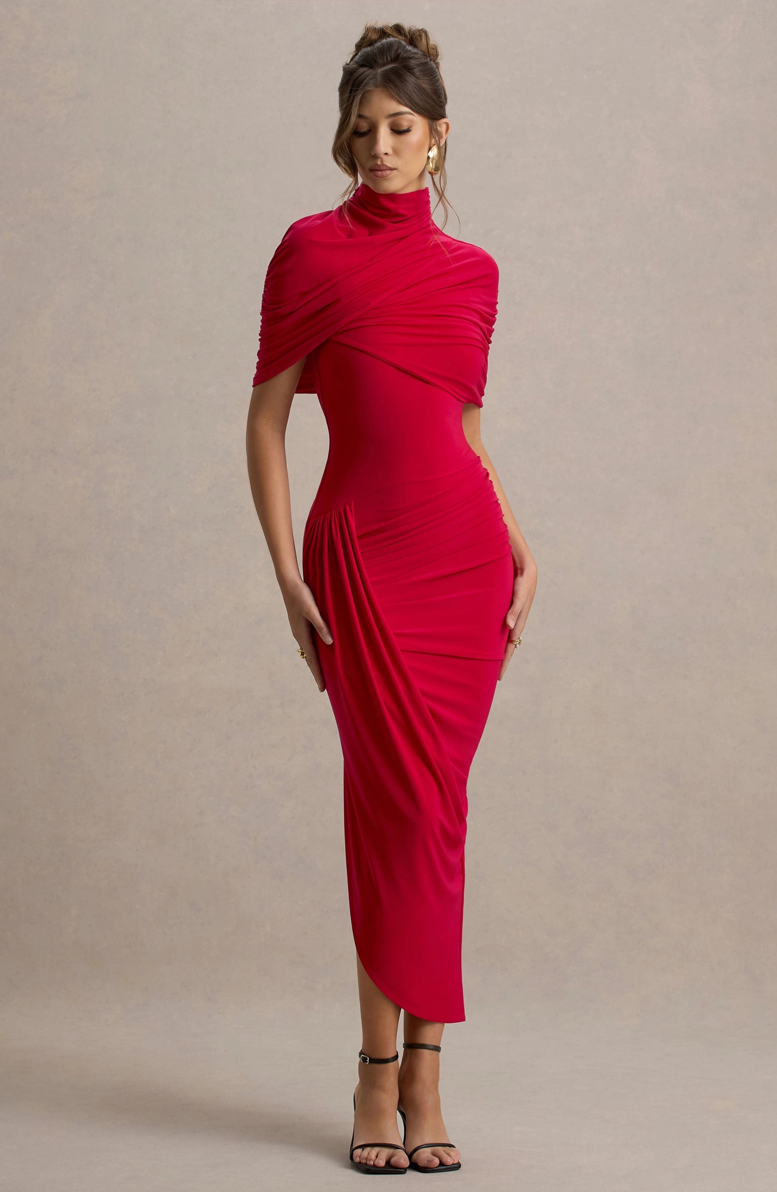 ASYMMETRIC TWISTED CAPE MIDI DRESS