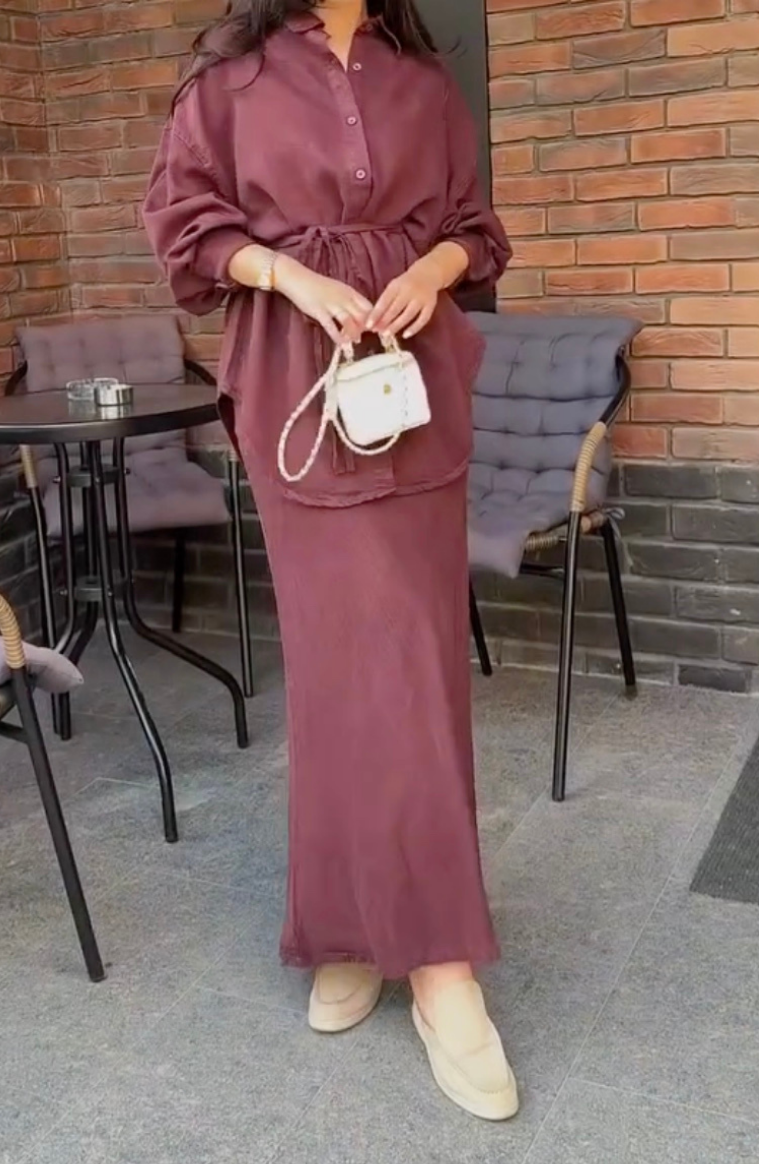 Long-sleeved Tie-Drawstring Shirt and Skirt Set