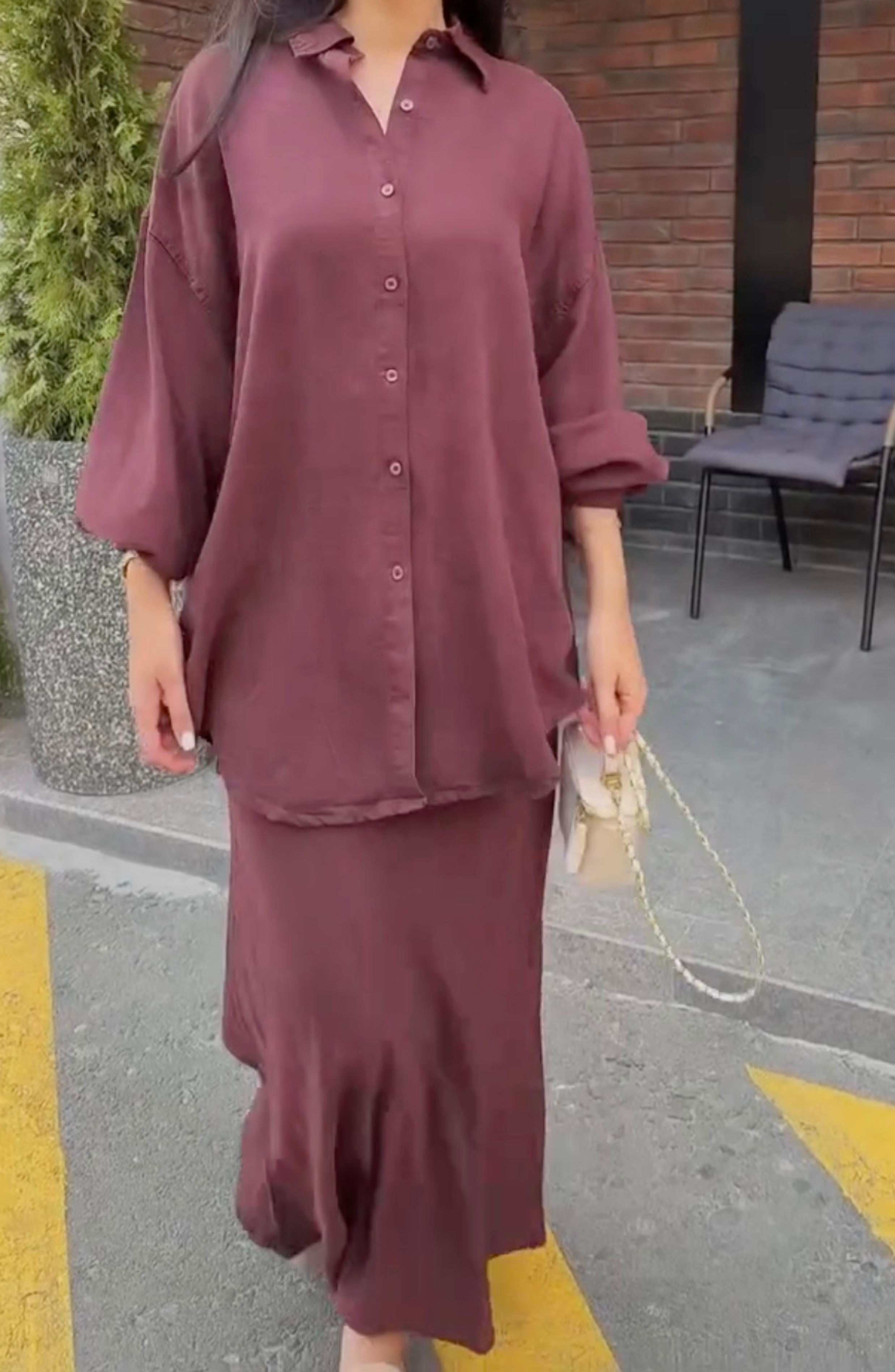 Long-sleeved Tie-Drawstring Shirt and Skirt Set