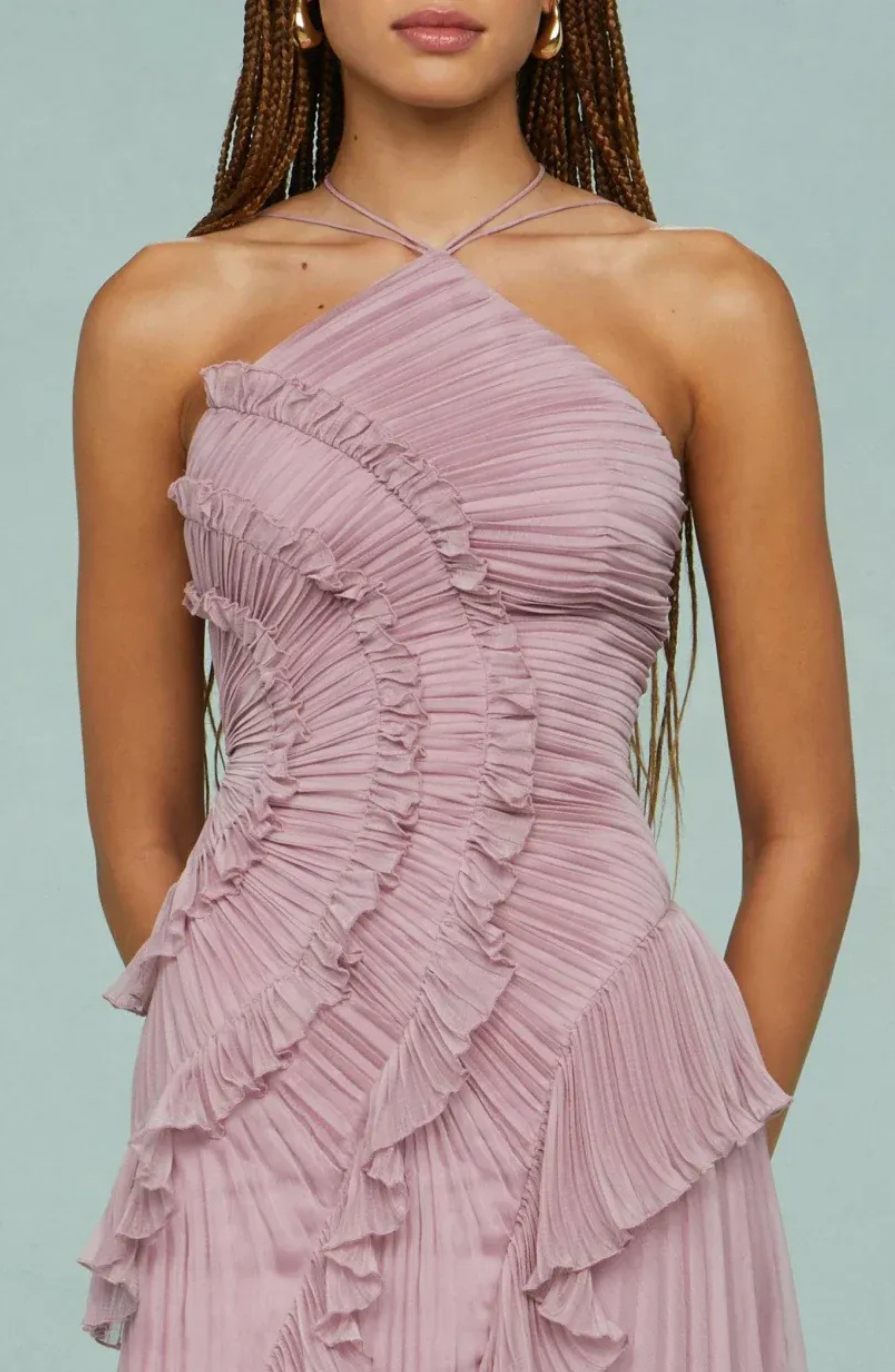 Pleated Frill Halter Neck Maxi Dress