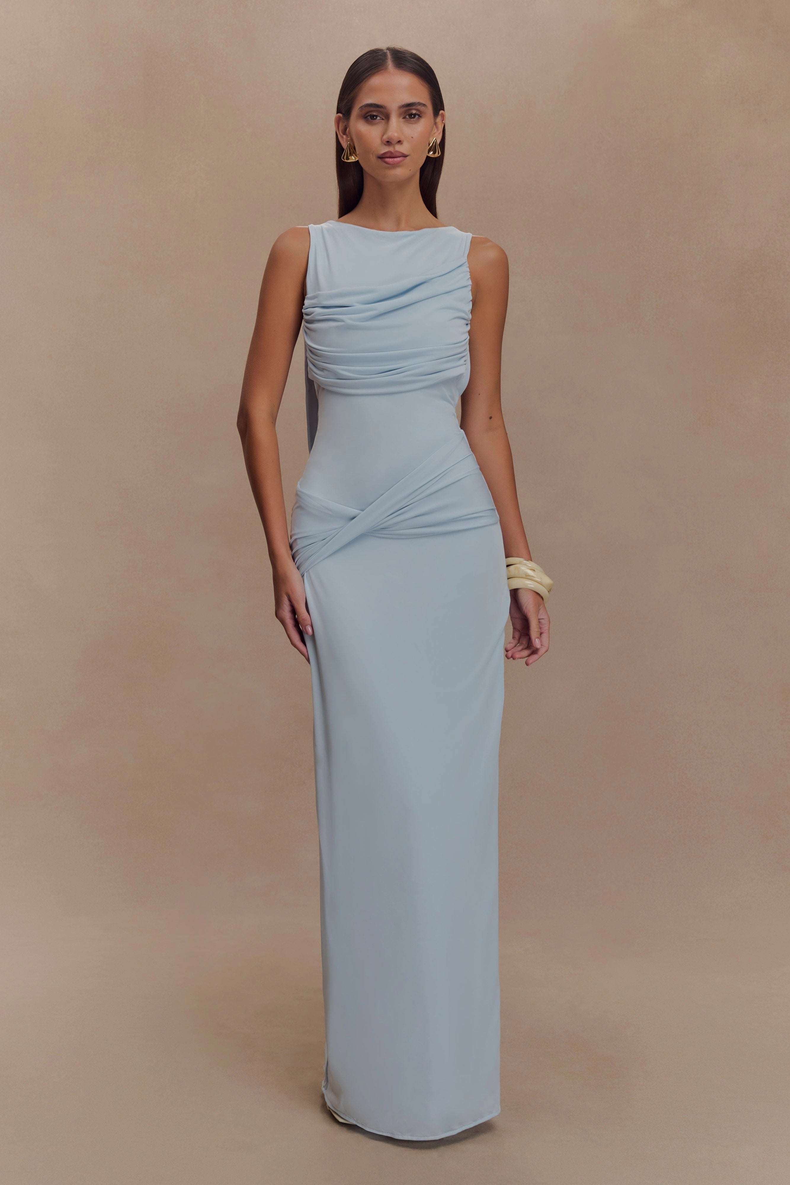 SOLID GATHERING SPLIT MAXI DRESS