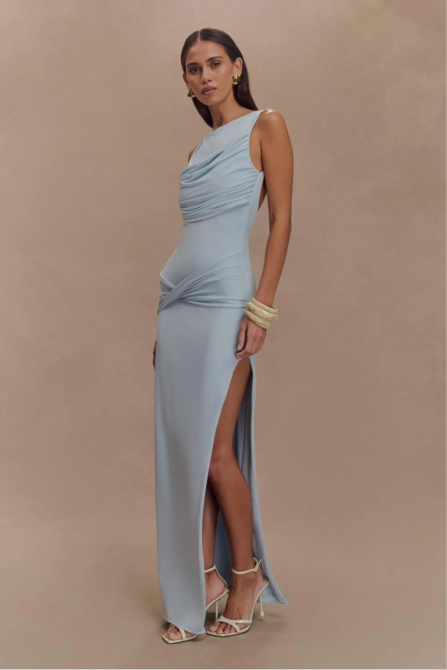 SOLID GATHERING SPLIT MAXI DRESS