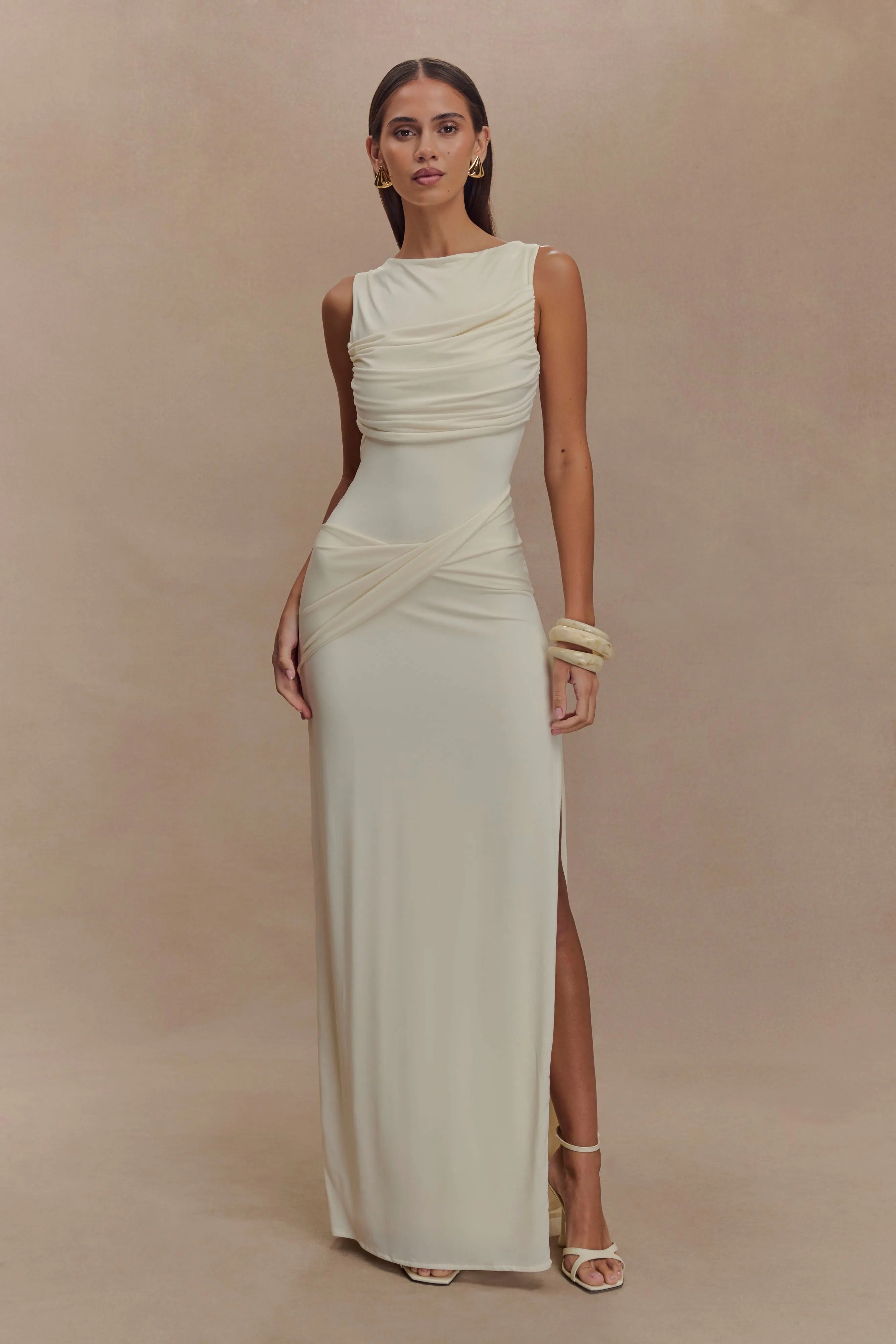 SOLID GATHERING SPLIT MAXI DRESS