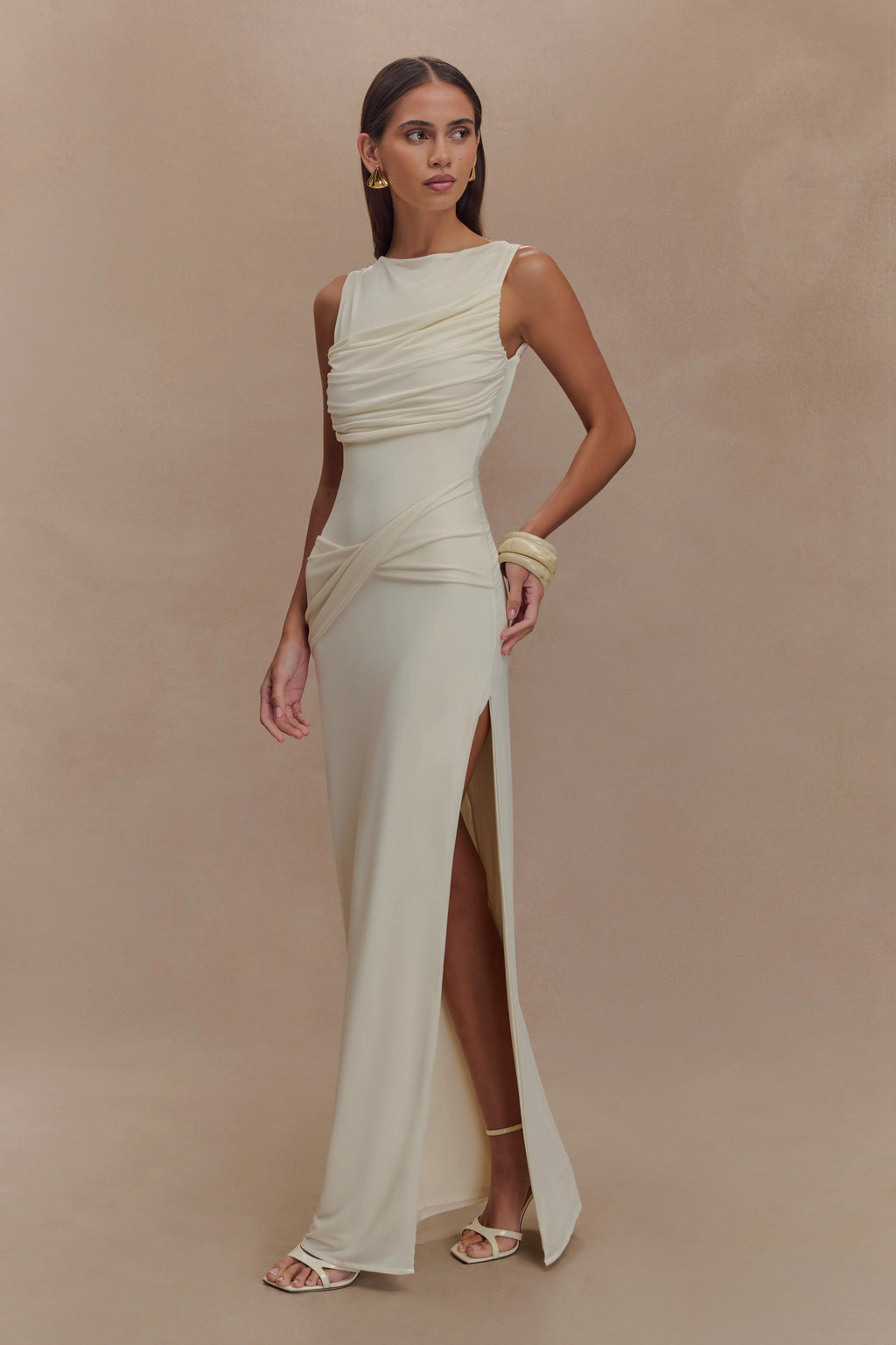 SOLID GATHERING SPLIT MAXI DRESS