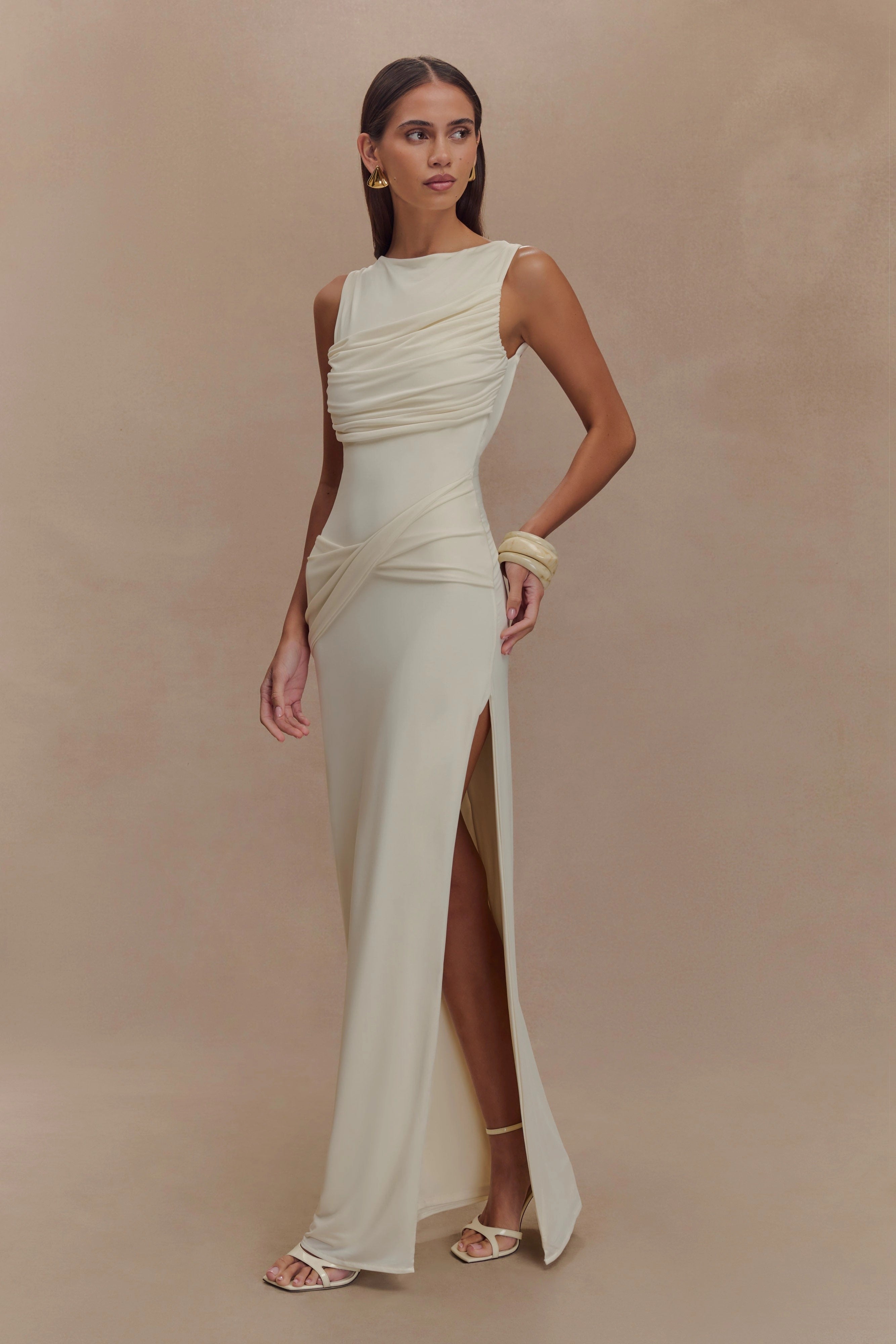 SOLID GATHERING SPLIT MAXI DRESS