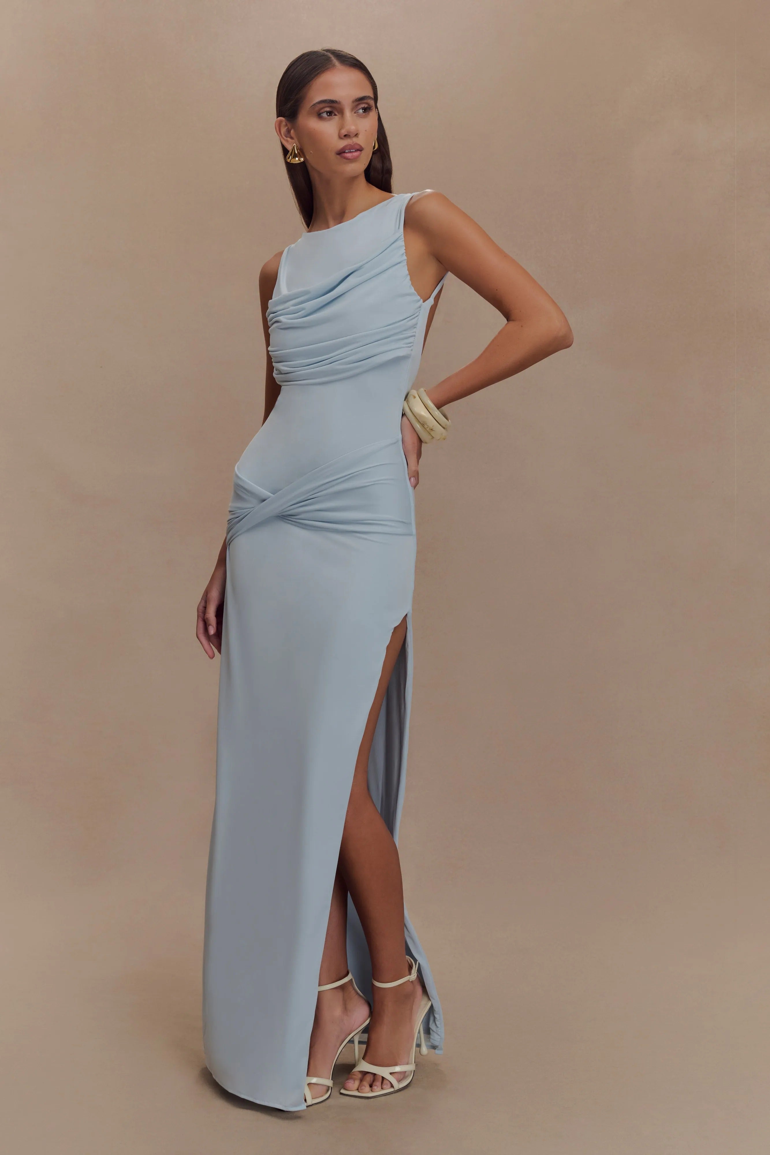 SOLID GATHERING SPLIT MAXI DRESS
